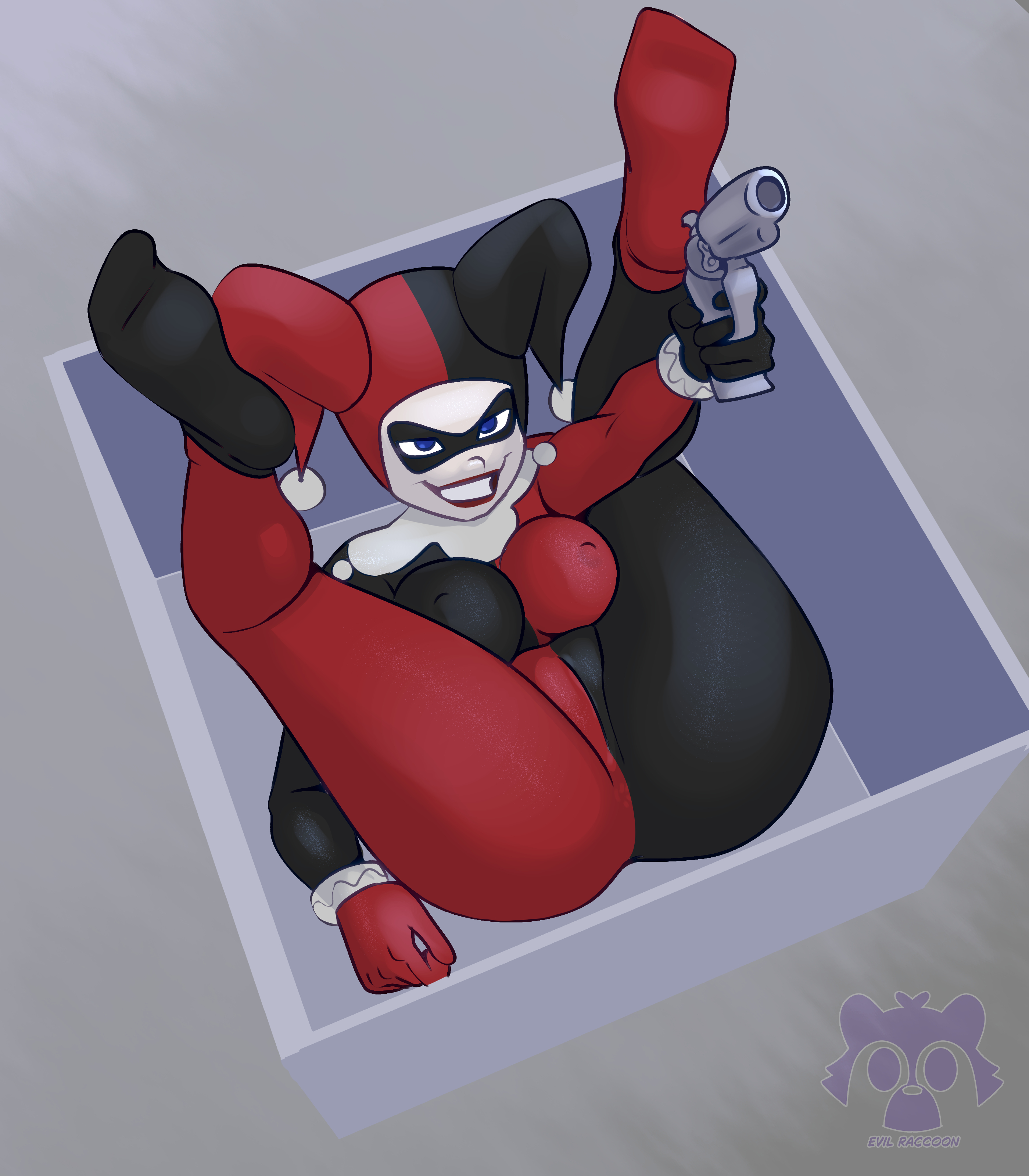 ass, ass focus, big ass, blue eyes, box, clothing, clown, dc, dc comics, evil raccoon, female, firearm, gun, handgun, harley quinn, harley quinn (classic), human, open legs, revolver, weapon, wide hips