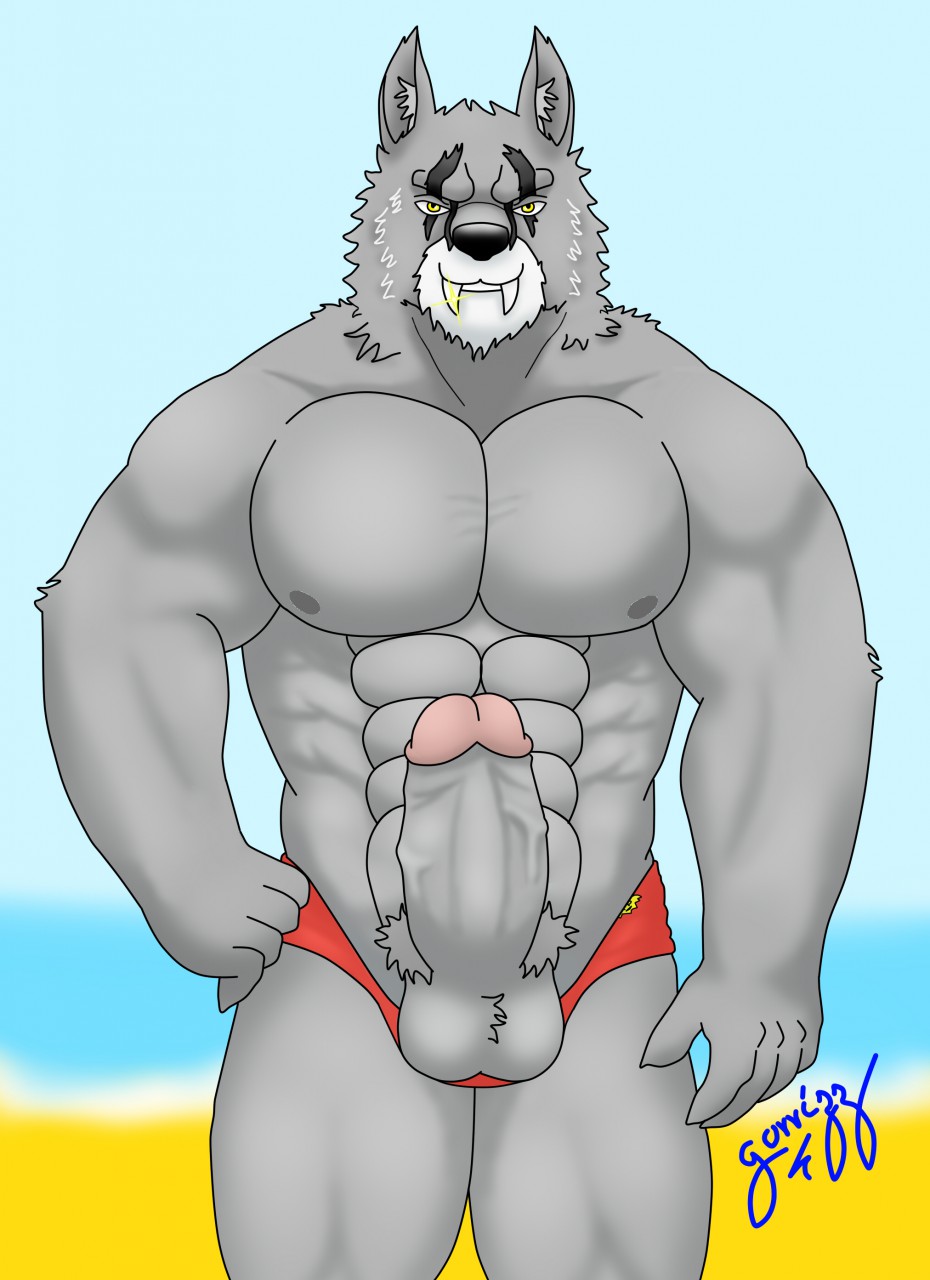 abs anthro anthromorphic balls beach biceps fangs furry furry_balls furry_only gorrizz grey_balls grey_boner grey_fur grey_penis legends_of_chima life_guard muscle muscles muscular_male pecs penis penis_out public_nudity red_speedo sea seaside smiling smiling_at_viewer testicles wolf worriz worriz_(chima)