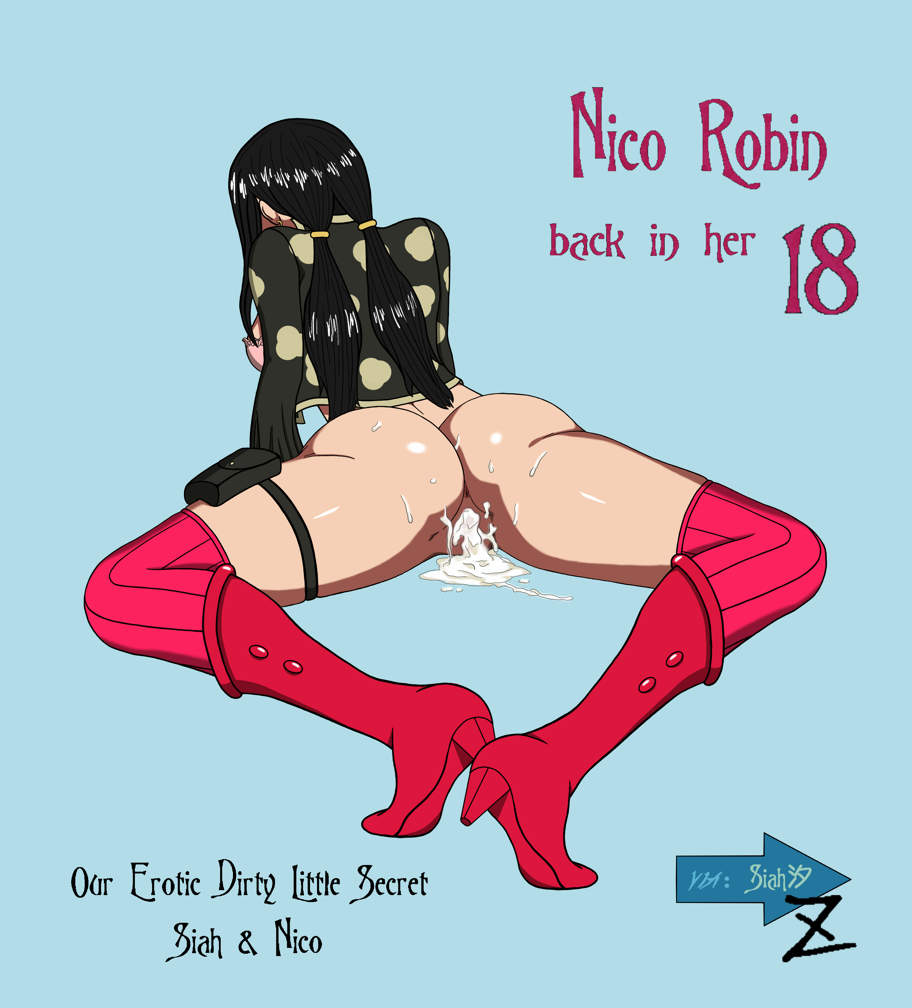after sex, anus, artist request, ass, black hair, boots, bottomless, bra, character name, cum, cum in pussy, cum on ass, cum pool, female, female only, frilled bra, frills, from behind, holster, long hair, low twintails, lying, nico robin, on stomach, one piece, one piece film z, pink bra, pre-timeskip, pussy, red legwear, solo, thigh holster, thighhighs, tied hair, twintails
