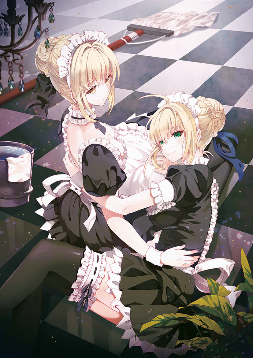 2girls apron artoria_pendragon artoria_pendragon_(alter) artoria_pendragon_(saber) blonde blonde_female blonde_hair blonde_hair_female breasts bucket chandelier checkered_floor fate/stay_night fate_(series) green_eyes hair_bun hair_ribbon looking_at_viewer maid maid_apron maid_headdress maid_uniform mop rednian saber saber_alter selfcest small_breasts thighhighs water_bucket wrist_cuffs yellow_eyes