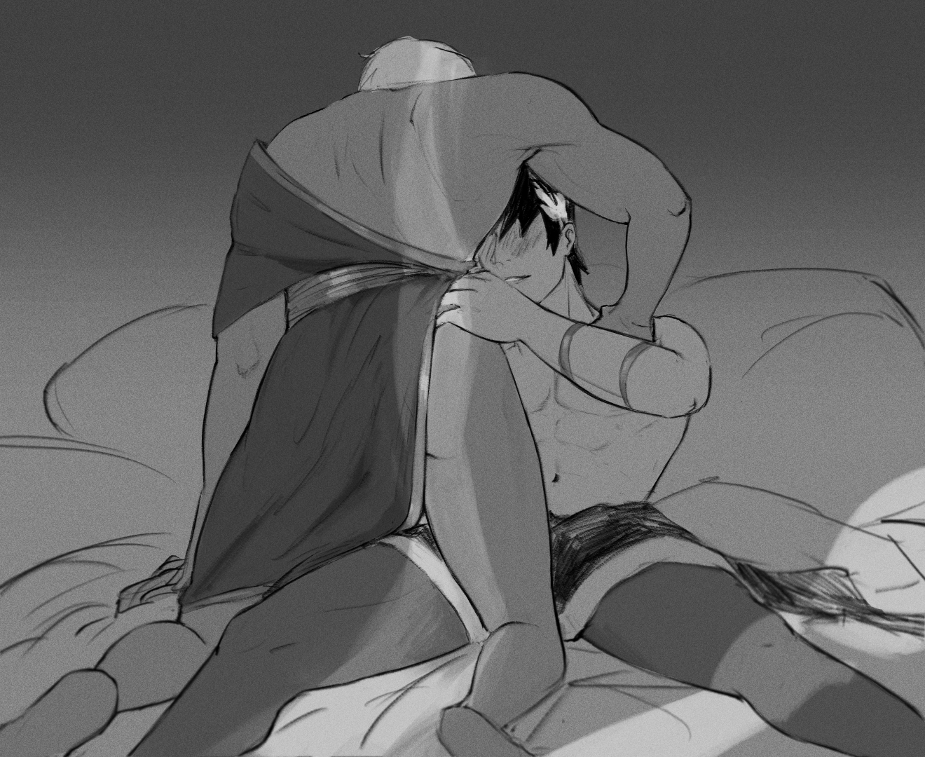 ariesbutworse, ass, bare chest, bishonen, blush, canon couple, gay, hades (game), laurel crown, male, male only, monochrome, partially clothed, short hair, silver hair, sketch, thanatos (hades), twunk, wholesome, yaoi, zagreus