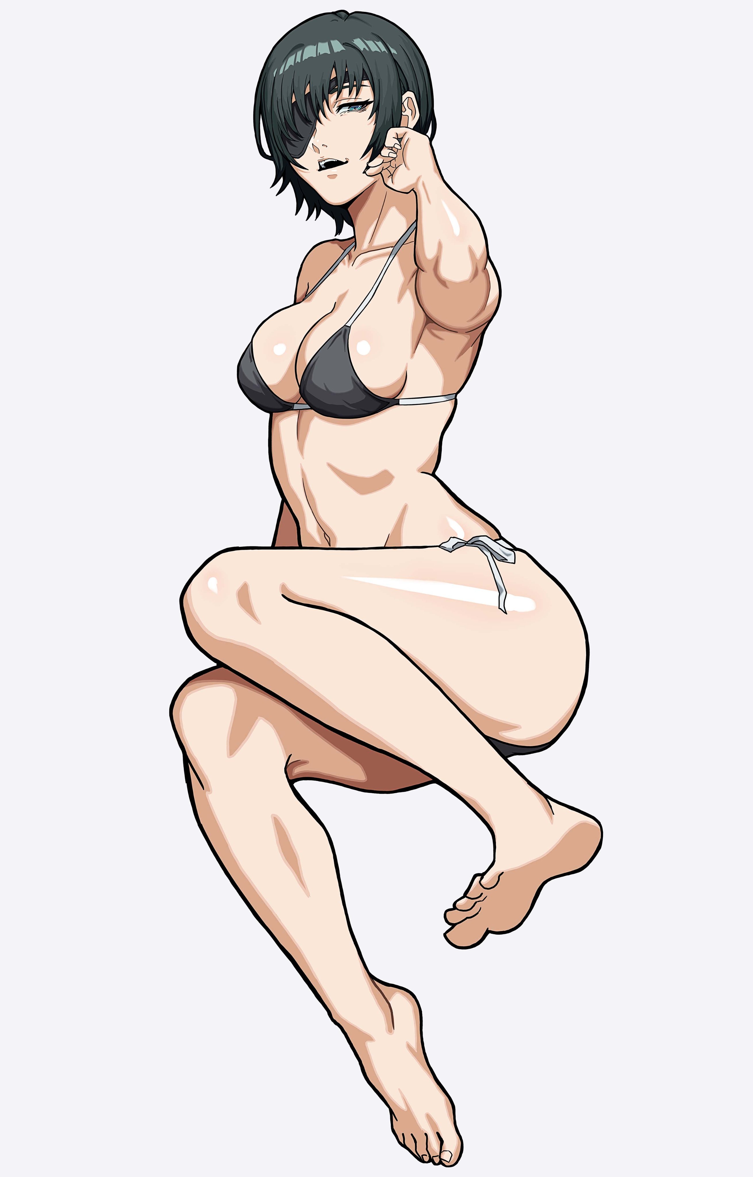 1girls, arm up, armpit, armpit fetish, bra, chainsaw man, eyepatch, female, female focus, female only, himeno (chainsaw man), light skin, light-skinned female, looking at viewer, mikeypieart, open mouth, panties, short hair