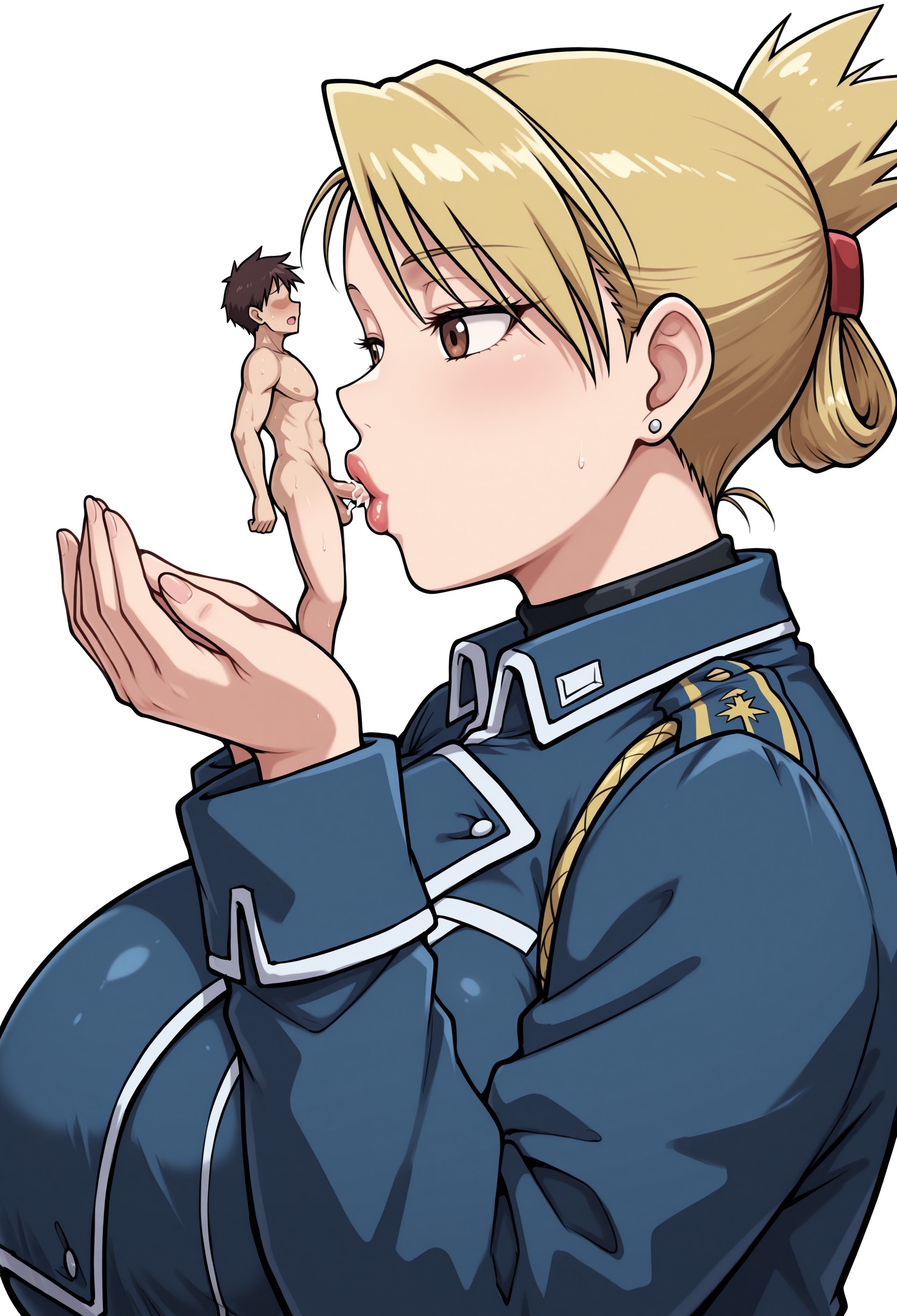 ai generated, big breasts, blonde hair, blowjob, breasts, brown eyes, busty, busty female, clothed female nude male, cum, dominant, dominant female, domination, ejaculation, erection, fellatio, female, femdom, forced, fullmetal alchemist, fullmetal alchemist brotherhood, giantess, gigantic breasts, height difference, horny, horny female, horny male, huge breasts, large breasts, lips, macro, macro female, macrophilia, male, mommy, mommy kink, orgasm, penis, questionable consent, riza hawkeye, sex, short hair, side view, size difference, submissive, submissive male, sucking, sucking penis