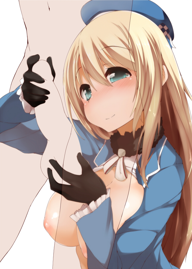 atago_(kantai_collection) black_gloves blonde_hair blue_eyes blush breasts breasts_out female gloves handjob hat kantai_collection large_breasts light_smile long_hair nipples penis personification terazip