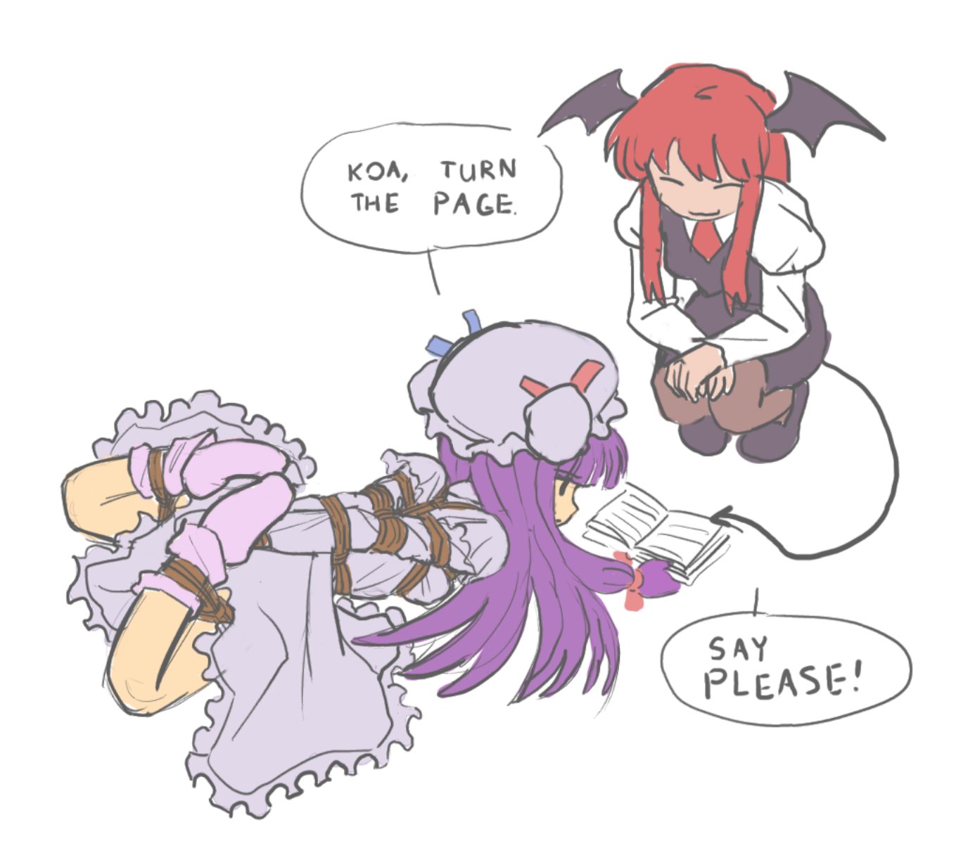 2girls, bare legs, blush, bondage, book, bound, clothed, femsub, frogtie, frogtied, frotie, hogtie, koakuma, patchouli knowledge, reading, restrained, rope, shibari over clothes, shotlock, touhou, touhou project