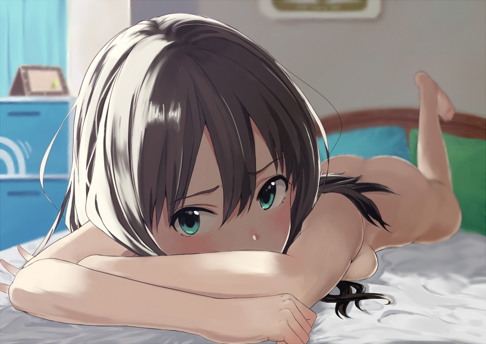 1girls, ass, barefoot, breasts, brown hair, casual, casual nudity, female, hangaku (araara0616), idol, idolmaster, idolmaster cinderella girls, long hair, lying, lying on bed, nude, on stomach, shibuya rin, solo