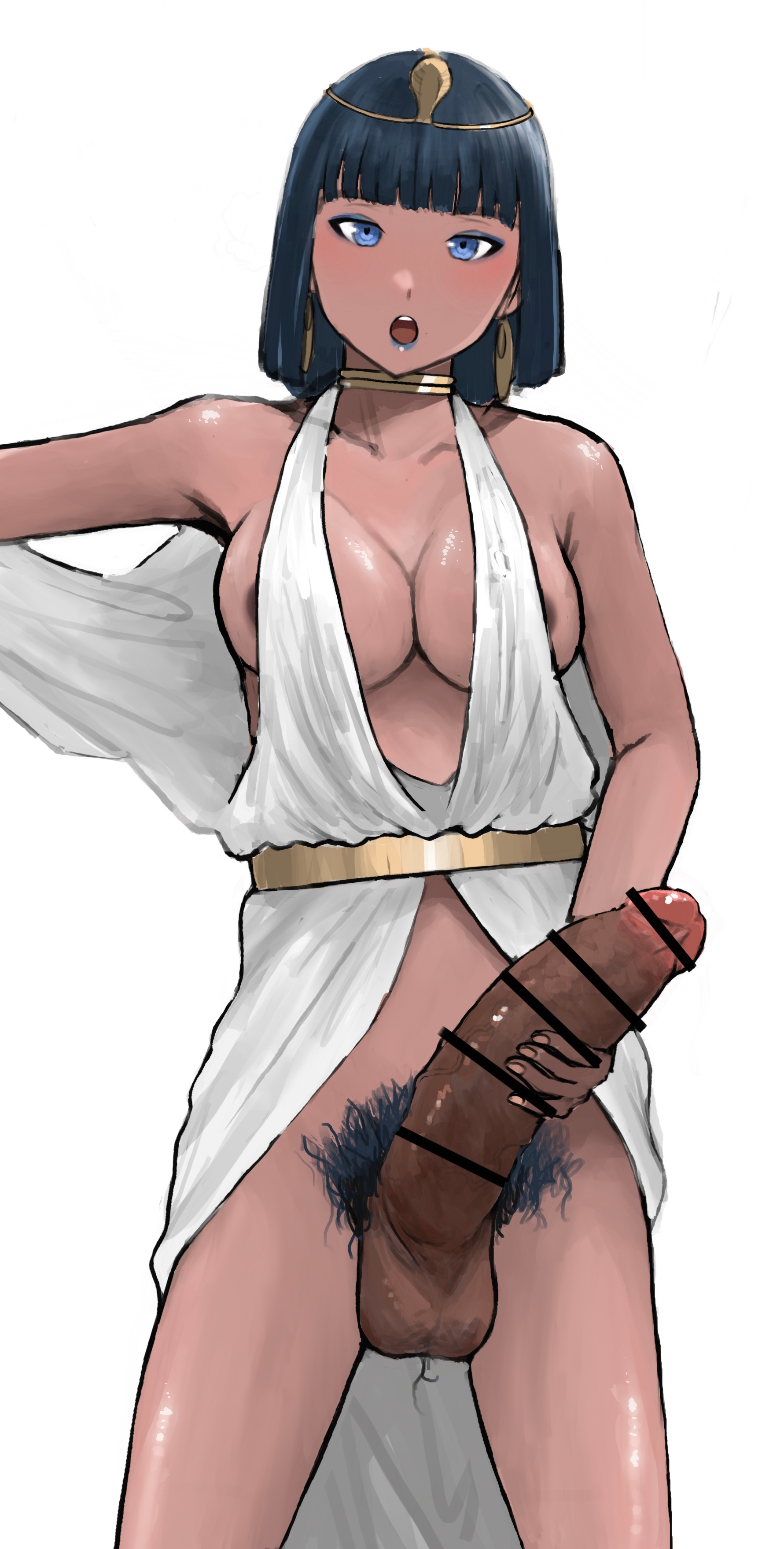 1futa, areolae, balls, bangs, big breasts, bottomless, breasts, censored, clothed, clothing, dark skin, dark-skinned futa, darkened genitalia, erection, futa only, futanari, huge cock, human, intersex, large penis, nipples, partially clothed, penis, pubic hair, smzqsk, solo, standing