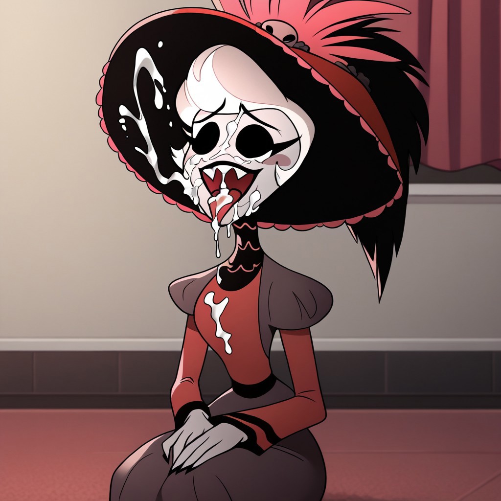 ai generated, cum on face, dress, female, hazbin hotel, open mouth, r.ai.ven, rosie (hazbin hotel)