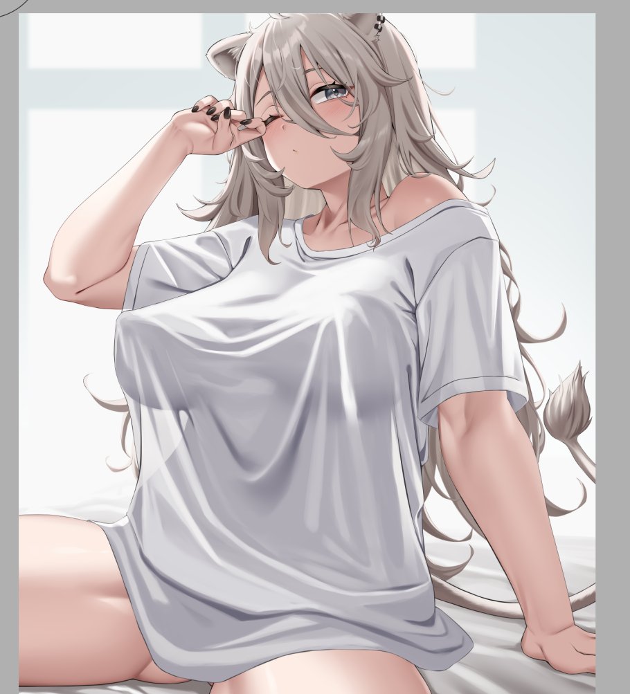 arm_at_side black_nails blush dot_mouth hololive large_breasts moisture_(chichi) nail_polish naked_shirt nipple_bulge open_legs painted_nails perky_breasts rubbing_eyes shishiro_botan short_sleeves virtual_youtuber white_t-shirt