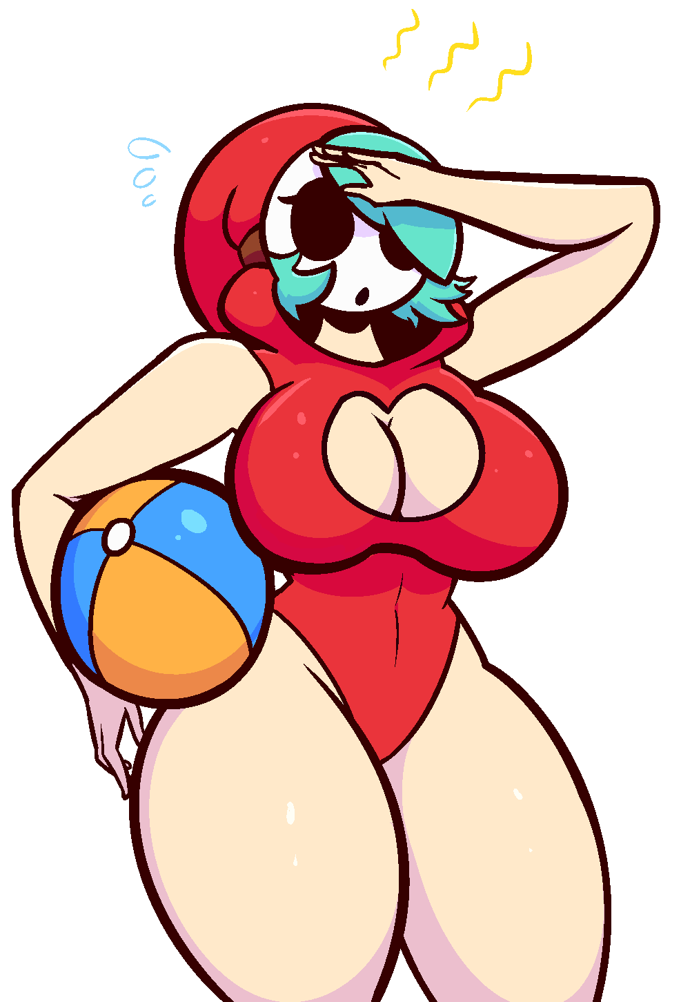 1girls beach_ball big_thighs boob_window breasts cleavage cleavage_cutout curvy female female_only hair_over_one_eye light-skinned_female light_skin m-alpha mario_(series) mask masked masked_female nintendo shy_gal shy_gal_red solo sweatdrop swimwear tagme thick_thighs thighs