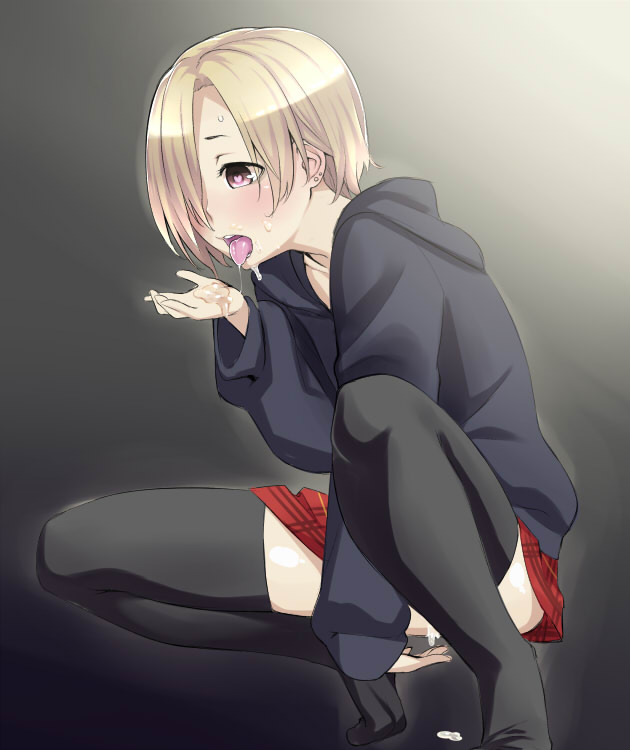 after_sex bags_under_eyes black_legwear blonde_hair blush clothed cum cum_in_pussy cumdrip earrings facial female hair_over_one_eye hoodie idolmaster idolmaster_cinderella_girls jewelry open_mouth red_eyes shirasaka_koume short_hair skirt solo squatting sweat thighhighs tkhs tongue tongue_out very_short_hair