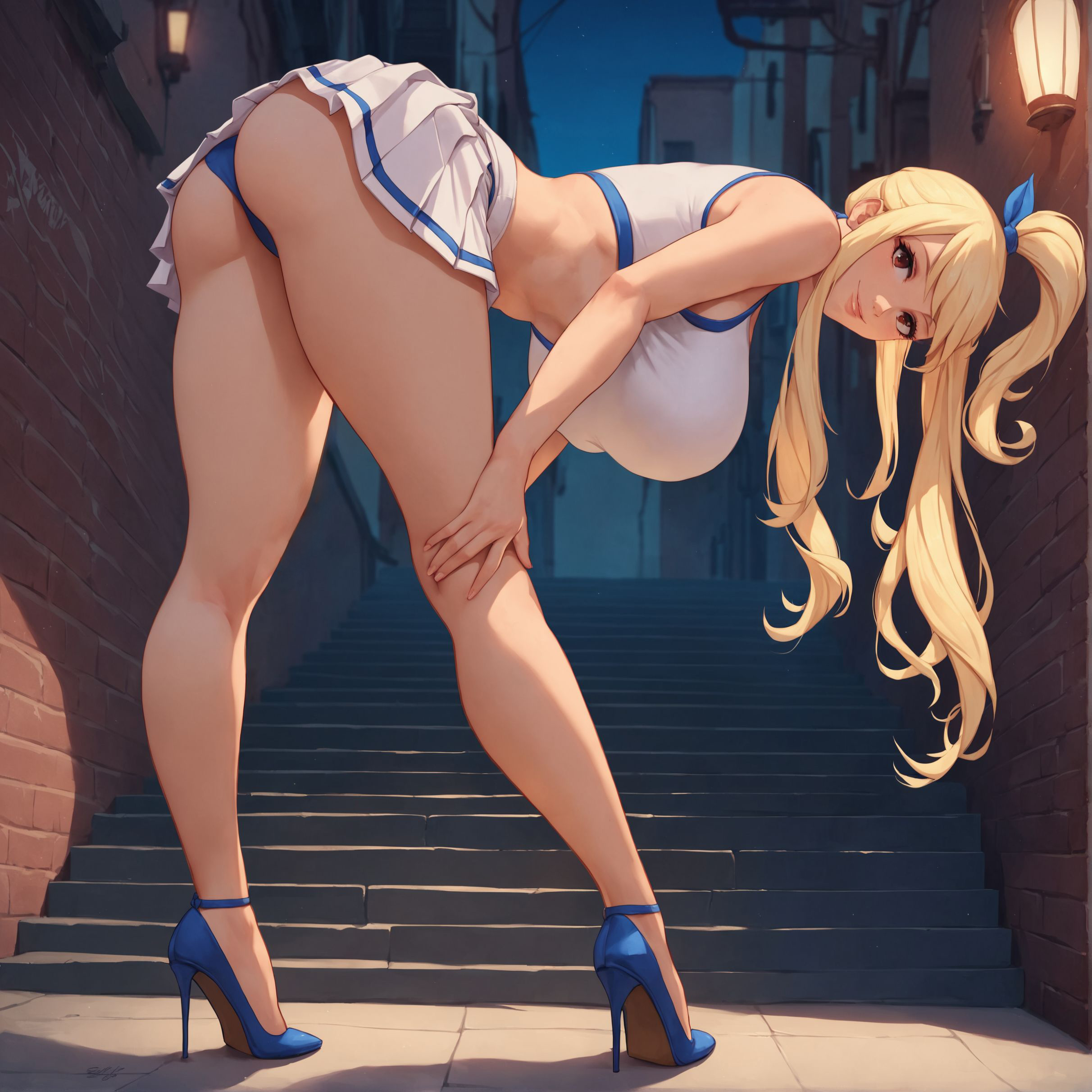 1girls, ai generated, alex-schura, ass, bangs, bare shoulders, bent over, blonde hair, blue eyes, blue panties, blue skirt, breasts, brown eyes, cheerleader, cleavage, clothing, crop top, curvaceous, curvaceous female, curvaceous figure, curvy, curvy figure, fairy tail, female, female focus, female only, footwear, full body, hair ornament, hair ribbon, hanging breasts, high heels, huge breasts, impossible clothes, lamppost, large breasts, legs, light skin, light-skinned female, long hair, looking at viewer, looking back, lucy heartfilia, midriff, miniskirt, night, night sky, open mouth, outdoors, pantsu, pleated skirt, ponytail, presenting, presenting ass, ribbon, shirt, shoes, side ponytail, skirt, sleeveless, smile, solo, standing, thighs, tied hair, underwear, uniform, voluptuous, voluptuous female, white skirt