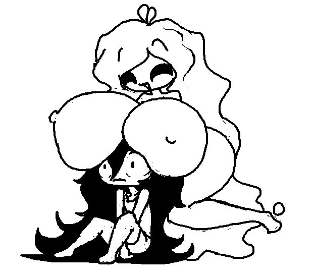 1boy 1girls black_and_white breast_squish breasts_on_back female femboy femboy_on_female glomp hammond_humpkins hug_from_behind huge_breasts long_hair male monochrome pixie puffy_nipples px-12 shocked slime slime_girl surprise_hug surprised the_absolute thighs