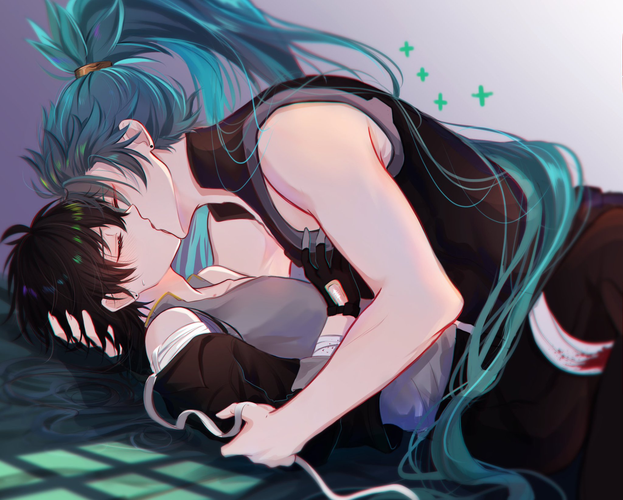 black hair, gay, gay kissing, green hair, jiyan (wuthering waves), kissing, male, male focus, male only, male rover (wuthering waves), male/male, rover (wuthering waves), wuthering waves, yaoi