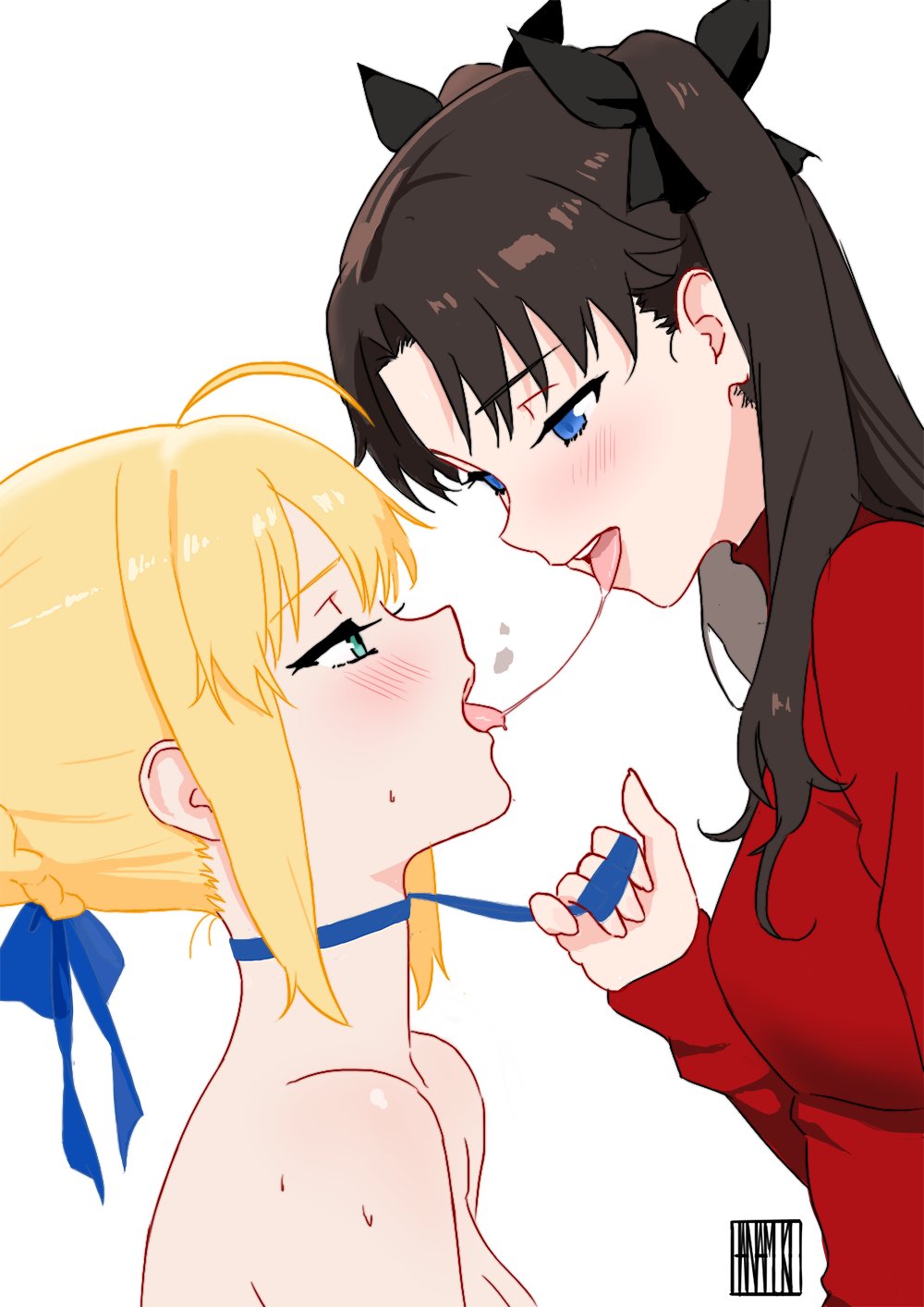 2girls after_kiss ahoge artist_name artoria_pendragon_(fate) blonde_hair blue_eyes blush bow breasts brown_hair cleavage clothed_female_nude_female fate/stay_night fate_(series) french_kiss green_eyes hair_bun hairbow hanamuko heavy_breathing highres kissing leash long_hair medium_breasts multiple_girls nude pet_play red_sweater ribbon saber_(fate) saliva saliva_trail short_hair sweat sweater tohsaka_rin tongue tongue_out two_side_up yuri