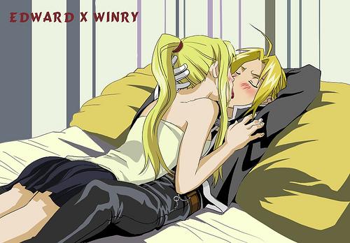 artist request, back, bare shoulders, bed, belt, blonde hair, blush, closed eyes, couple, edward elric, female, french kiss, fullmetal alchemist, gloves, hand behind head, hand on head, human, jacket, kissing, long hair, love, lowres, lying, lying on person, male, on back, open mouth, pants, pillow, ponytail, skirt, straight, strapless, tied hair, winry rockbell