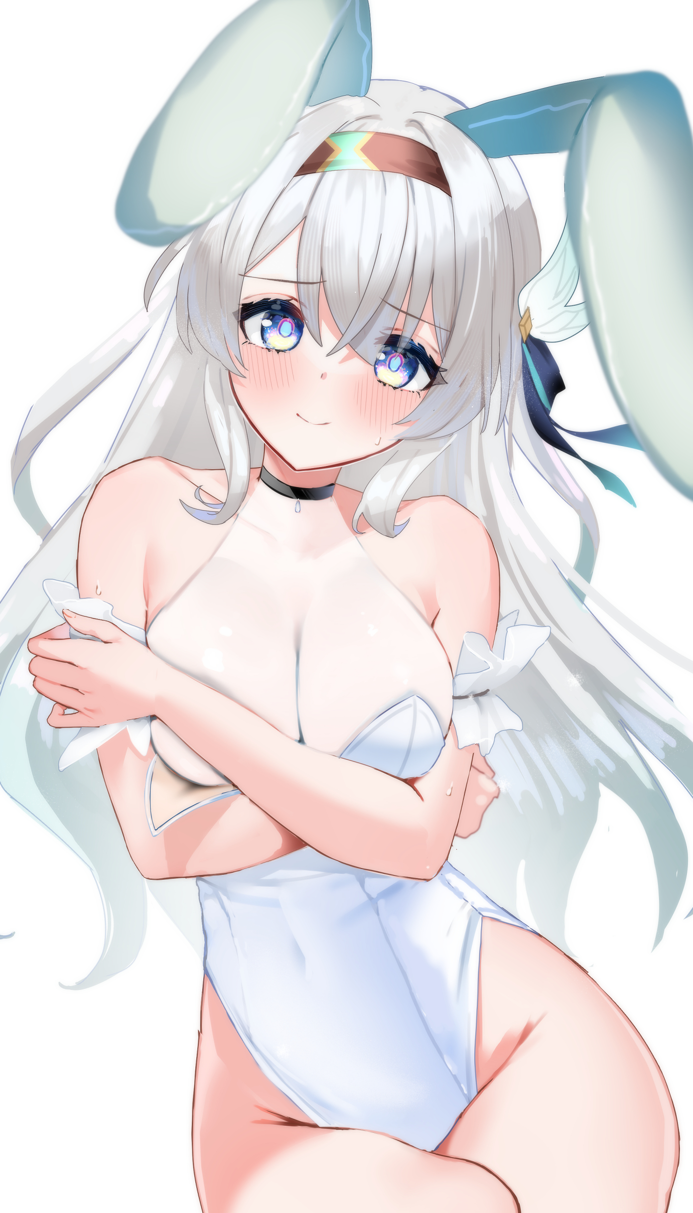 blush, breasts, bunny ears, bunny girl, bunnysuit, covering breasts, embarrassed, female, firefly (honkai: star rail), honkai: star rail, huge hips, huge thighs, leotard, medium breasts, nervous smile, thick thighs, wide hips