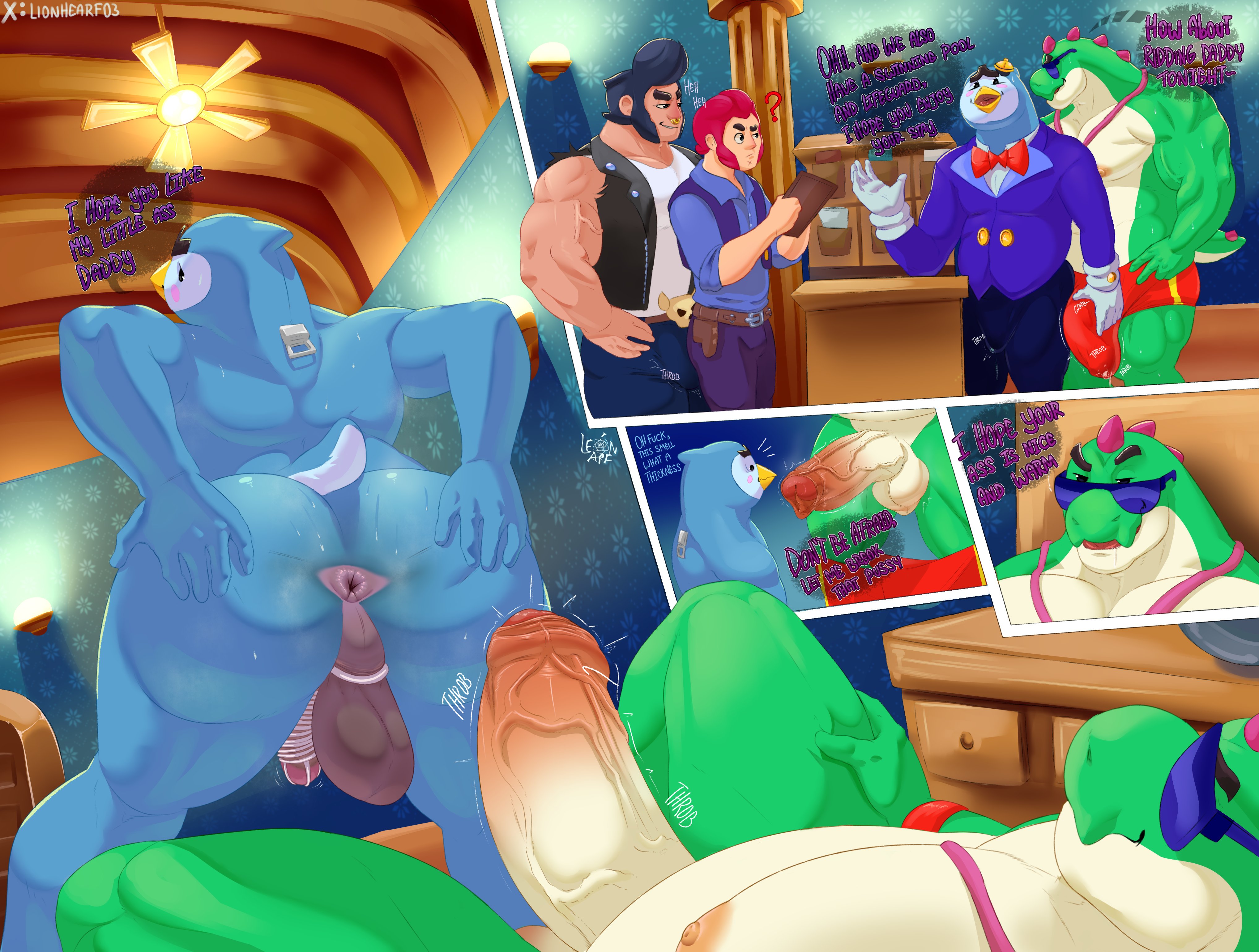 ?, 2025, 4boys, anthro, anthro on anthro, anus, artist name, ass, balls, ballsack, bien, big ass, big bulge, blue body, blush, boner, brawl stars, bulge, bulge grab, bulge rubbing, bull (brawl stars), buzz (brawl stars), buzz x mr. p, colt (brawl stars), couple, dialogue, dinosaur, english dialogue, english text, erection, erection under clothes, gay, gloves, green body, hotel, huge bulge, human, humanoid, imminent anal, indoors, kneeling, kneeling oral position, lionhearf03, looking at penis, male, male only, male/male, mr. p (brawl stars), muscular, muscular anthro, muscular male, nose piercing, penguin, penis, question mark, shorts, shorts down, spread ass, sunglasses, text, thick thighs, twitter username, undressing, veiny penis, video games, zipper