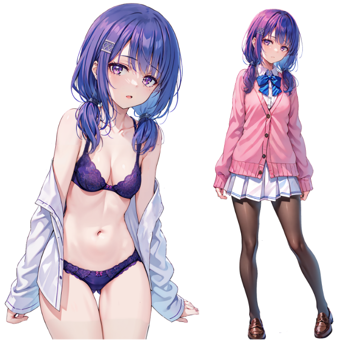 1girls ai_generated ai_morishita black_leggings blue_bow classroom_of_the_elite female looking_at_viewer petite_body pink_sweater purple_bra purple_eyes purple_hair purple_panties schoolgirl twintails unbuttoned_shirt white_background white_skirt wsax