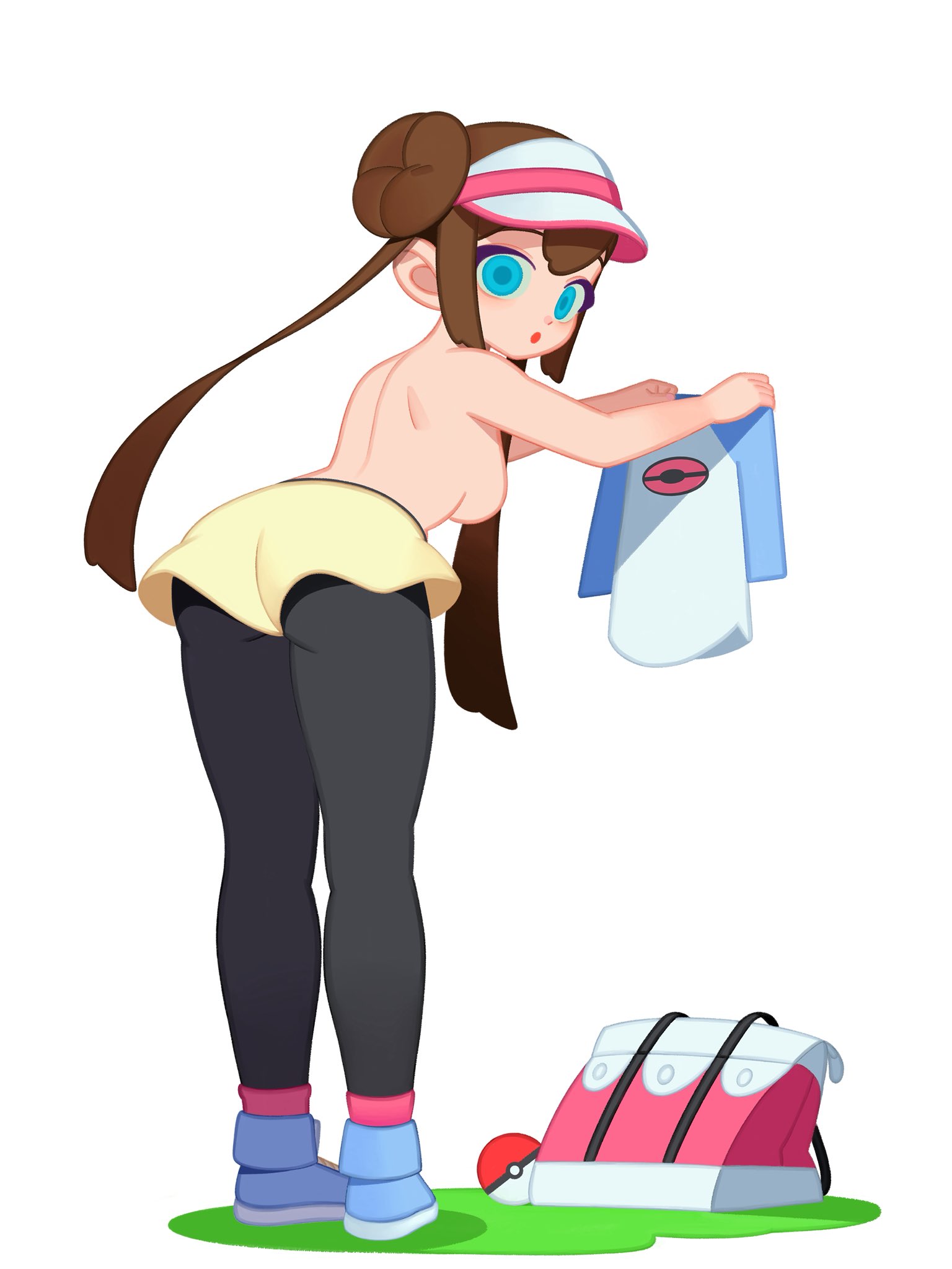 ass, bent over, blue eyes, breasts, brown hair, female, hat, highres, hochihochiha, leggings, long hair, looking at viewer, looking back, nintendo, pantyhose, pokemon, rosa (pokemon), shirtless, simple background, sneakers, solo, surprised, undressing, white background