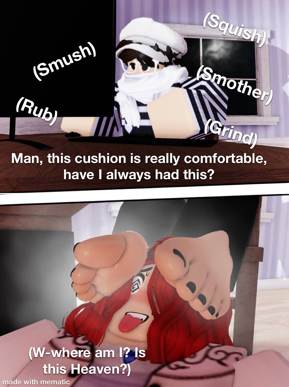 3d, black nails, feet, female, foot fetish, fully clothed, nail polish, red hair, roblox, tagme, tattoo