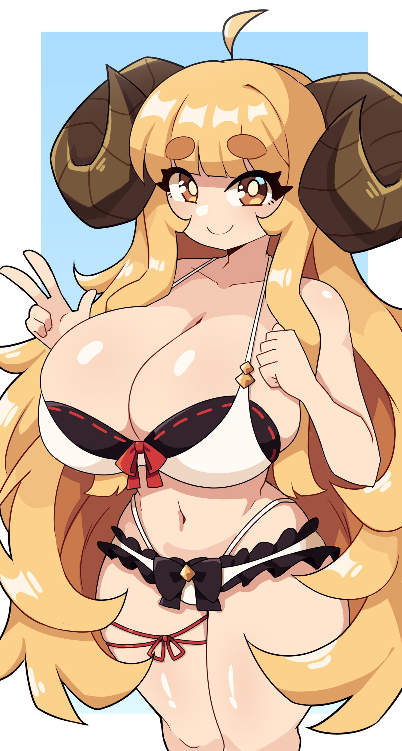 1girls ahoge anila_(granblue_fantasy) big_breasts bikini blonde_hair curved_horns draph draph_race_(granblue_fantasy) eyebrows_visible_through_hair female female_only gold_eyes granblue_fantasy hi_res horns j5daigada long_hair looking_at_viewer smiling smiling_at_viewer solo swimwear thick_thighs thong_above_skirt v_sign