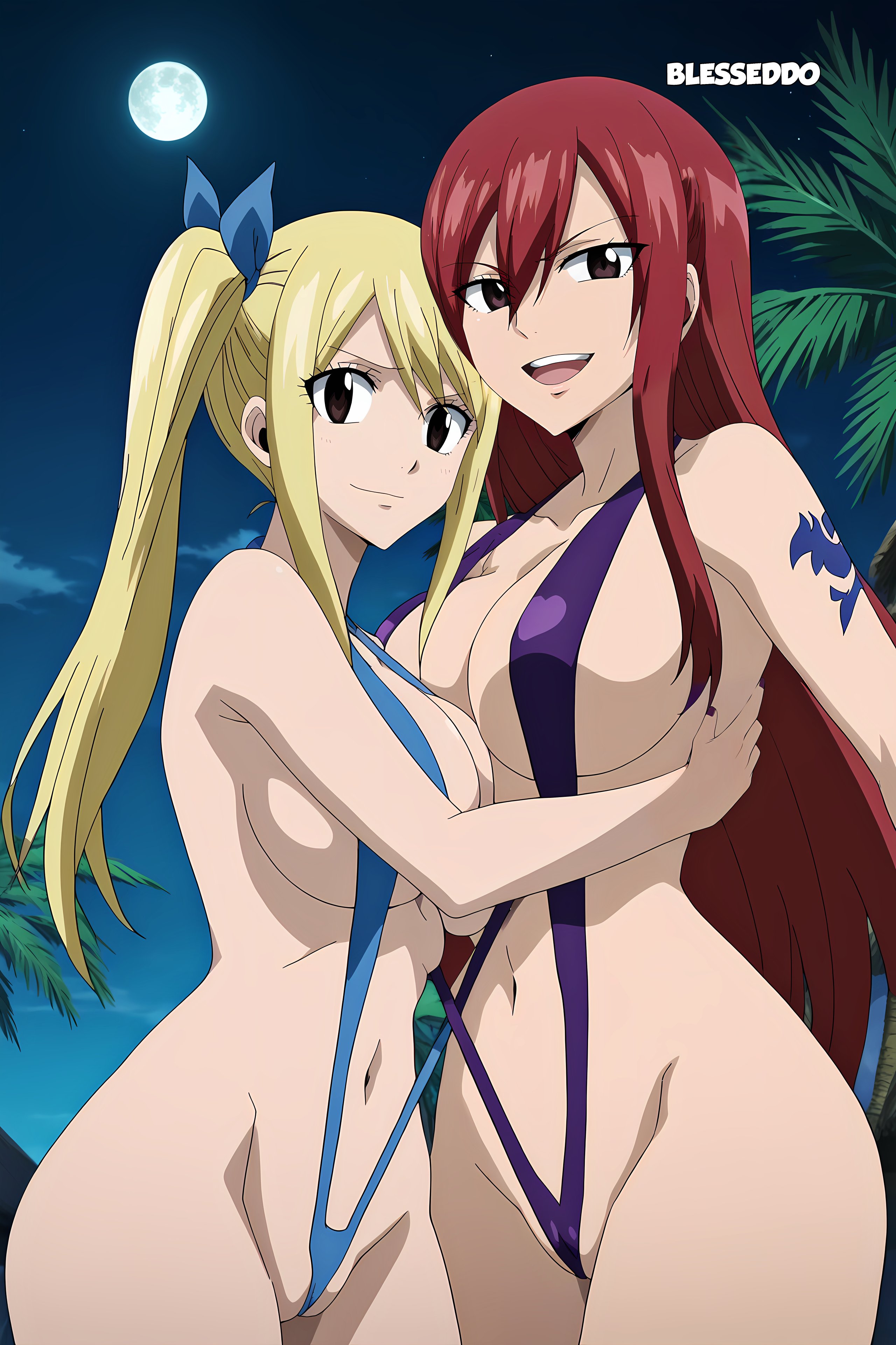2girls, ai generated, big breasts, blesseddo, blonde hair, blonde-haired female, blue swimsuit, breasts, erza scarlet, fairy tail, female, long hair, looking at viewer, lucy heartfilia, moon, night, purple swimsuit, red hair, red-haired female, swimsuit, tattoo, thighs, v bikini, v sign