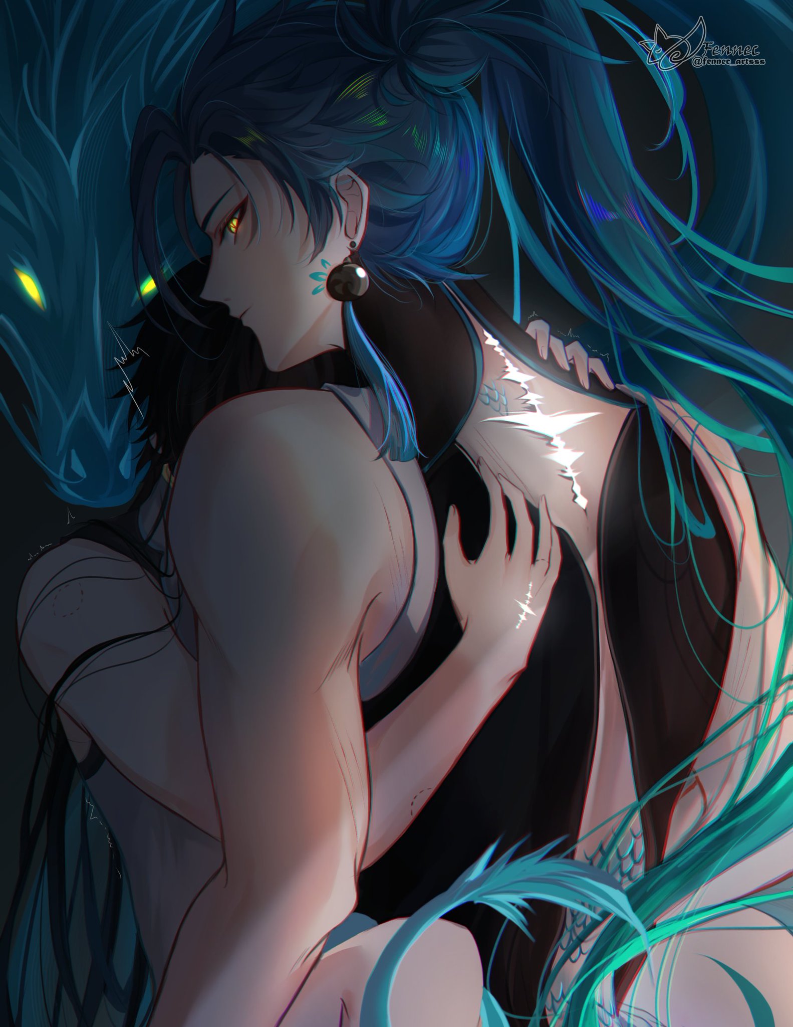 dragon, feminine, gay, gay anal, gay domination, gay male, gay sex, grabbing, grabbing from behind, green hair, jiyan (wuthering waves), long hair, male, male only, male rover (wuthering waves), male/male, rover (wuthering waves), wuthering waves, yaoi
