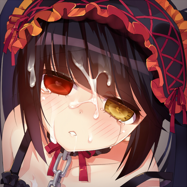 bare_shoulders black_hair chains choker clock_eyed cum date_a_live facial female hairband heart heart-shaped_pupils heterochromia lolita_fashion lolita_hairband looking_at_viewer mvv red_eyes solo symbol-shaped_pupils tears tied_hair tokisaki_kurumi twintails yellow_eyes