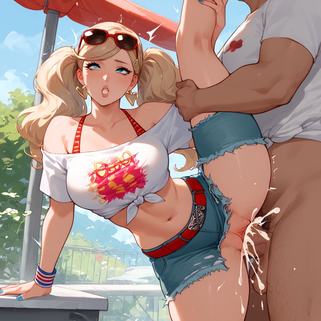 1boy, 1girls, ai generated, ann takamaki, ann takamaki (strikers casual), bimbo, blue nails, clothed, clothed sex, clothing, cum, cum in pussy, cum inside, dark skin, dark-skinned male, denim, denim shorts, detailed background, excessive cum, female, huge cock, human, male, nail polish, one leg up, penis, persona, persona 5, persona 5 scramble: the phantom strikers, pussy, ripped clothing, ripped shorts, sex, shorts, sunglasses, thin waist, torn clothes