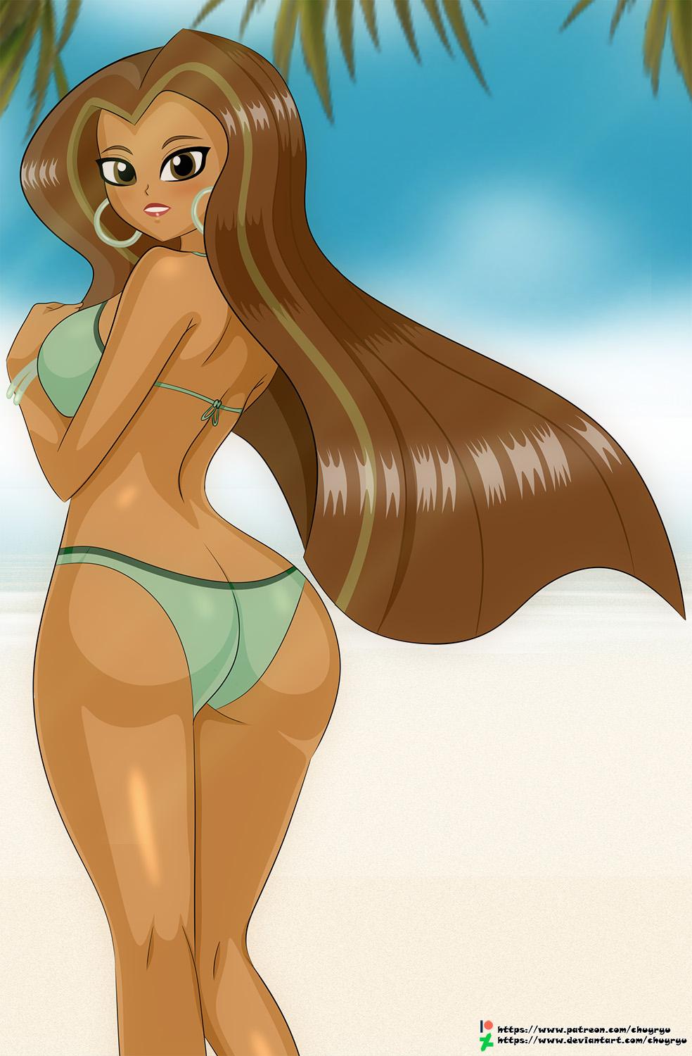 1girls ass beach big_ass big_butt bikini bikini_only boobs breasts brown_eyes brown_hair butt chuyryu dark-skinned_female dc dc_comics dc_super_hero_girls female female_only female_solo jessica_cruz jessica_cruz_(shg) one_female only_female rear_view solo solo_female solo_only