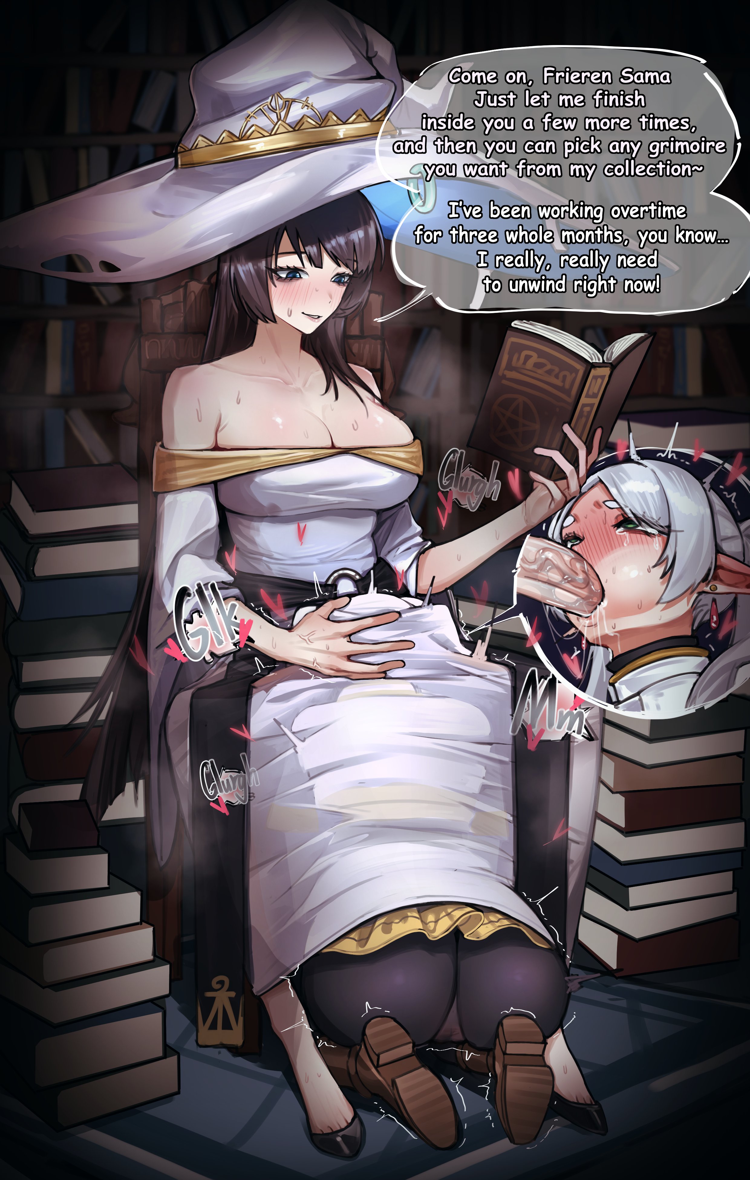 1futa, 1girls, 2025, 2d, 2d (artwork), 2d artwork, absurd res, absurdres, ahe gao, ahegao face, ass, back view, background, bangs, bare shoulders, big breasts, blowjob, blush, blush lines, bottomless, breasts, brown hair, cameltoe, choking on cock, cleavage, clothed, clothed female, clothing, clothing entrapment, cock, cockwarming, collarbone, commission, continue after cum, continuous ejaculation, crying, crying with eyes open, cum, cum drip, cum dripping, cum dripping from mouth, cum in mouth, cum inside, cum leaking, cum leaking out of mouth, cumming, detailed background, dialogue, dick, dominant, dominant futa, domination, dress, dripping, dripping cum, duo, ear piercing, earrings, ejaculation, elf, elf ears, elf female, elf girl, english, english dialogue, english text, erect penis, erection, eyes rolling back, fellatio, female penetrated, femsub, frieren, frieren beyond journey's end, front view, fully clothed, fully clothed female, futa on female, futa penetrating, futa with female, futadom, futanari, gag, gagging, gagging on penis, genital fluids, genitals, grabbing, grabbing head, head grab, hi res, highres, holding, holding head, intersex, intersex penetrating, intersex/female, leaking cum, leaking cum from mouth, light skin, light-skinned female, light-skinned futa, long hair, looking pleasured, motion lines, multiple orgasms, oral, oral insertion, oral penetration, oral sex, oral support, orgasm, orgasm face, parted bangs, penis, pointy ears, pussy, rear view, robe, sex, shangdong233, skirt, sousou no frieren, speech bubble, steam, steaming body, straight hair, submissive, submissive female, sweat, sweatdrop, sweating, sweaty, sweaty body, swept bangs, tear, tearing up, tears, text, tied hair, tremble lines, tremble spikes, trembling, twintails, under clothes, under skirt, vagina, vein, veiny hand, veiny hands, veiny penis, white hair, witch, witch hat, wizard