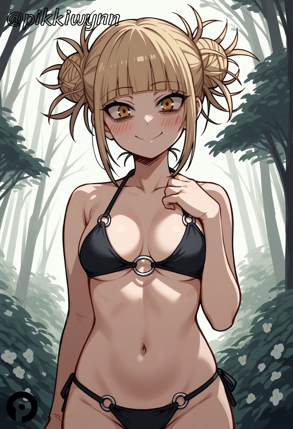 1girls ai_generated bags_under_eyes bangs bare_shoulders bikini black_bikini blonde_hair blunt_bangs blush boku_no_hero_academia breasts bush closed_mouth collarbone cowboy_shot double_bun female flower forest groin hair_bun hand_on_own_chest hand_up himiko_toga looking_at_viewer medium_breasts messy_hair my_hero_academia nature navel o-ring o-ring_bikini o-ring_top outdoors pikkiwynn short_hair side-tie_bikini_bottom sidelocks smile solo stomach swimsuit toga_himiko tree underboob yellow_eyes