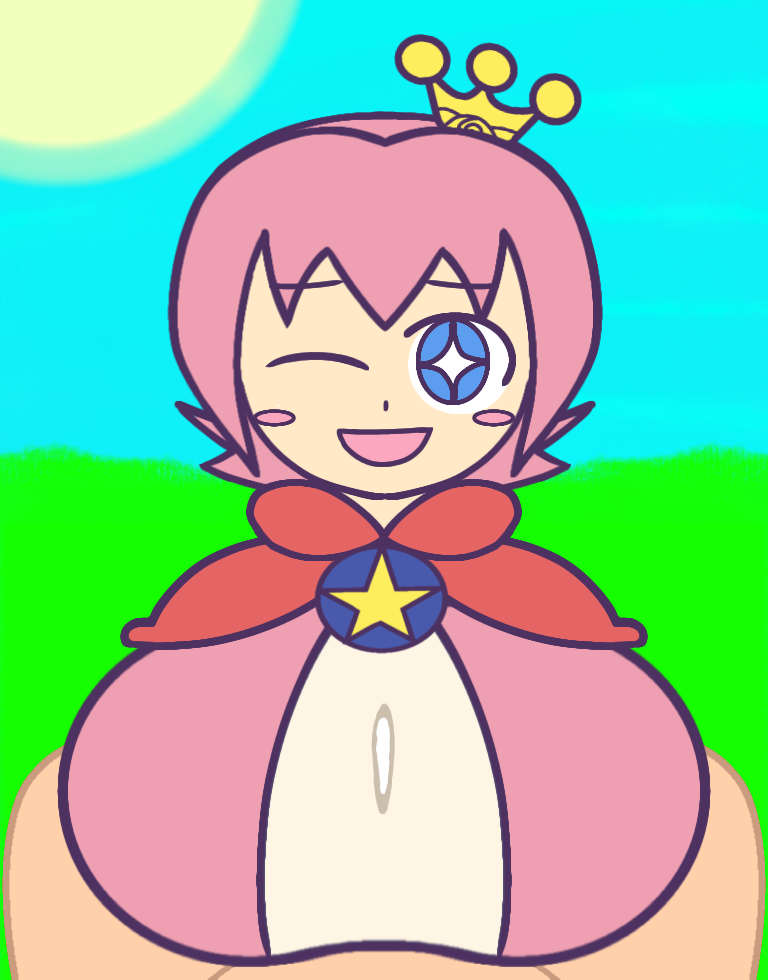 2boys after_paizuri blue_eyes blush_stickers busty_boy crown cum drei_(artist) huge_breasts looking_at_viewer male_with_breasts ocean_prince one_eye_closed open_mouth otoko_no_ko outdoors paizuri pink_hair pink_jacket pov puyo_puyo red_capelet short_hair sky smile solo_focus star_(symbol) white_shirt