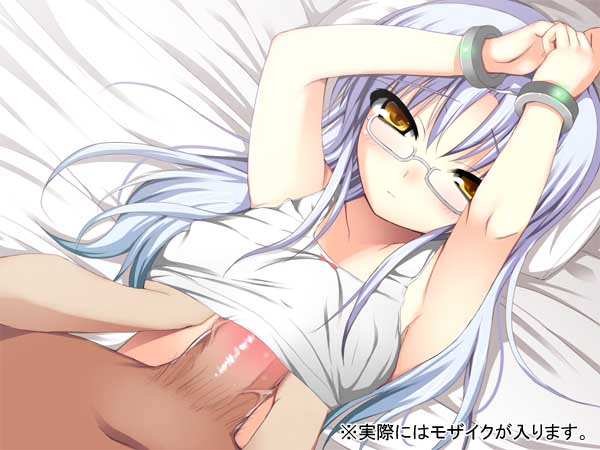 1boy 1girls angel_beats! armpits arms_up bad_id blue_hair blush bondage breast_grab breasts clothes edit female glasses hair handcuffs hands_under_clothes kanade_tachibana kishiki_kanmitsu male naizuri paizuri paizuri_under_clothes penis rape small_breasts source_request straight uncensored white_hair