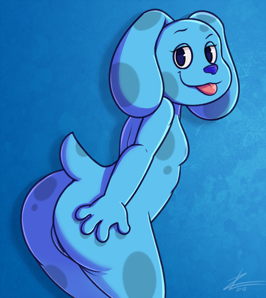 2018 anthro anthrofied ass blue's_clues blue_(blue's_clues) blue_eyes canine cute female female_focus female_only flat_chested fur furry looking_at_viewer mammal nickelodeon nude pussy simple_background solo thick_thighs tongue tongue_out voluptuous young zekromlover