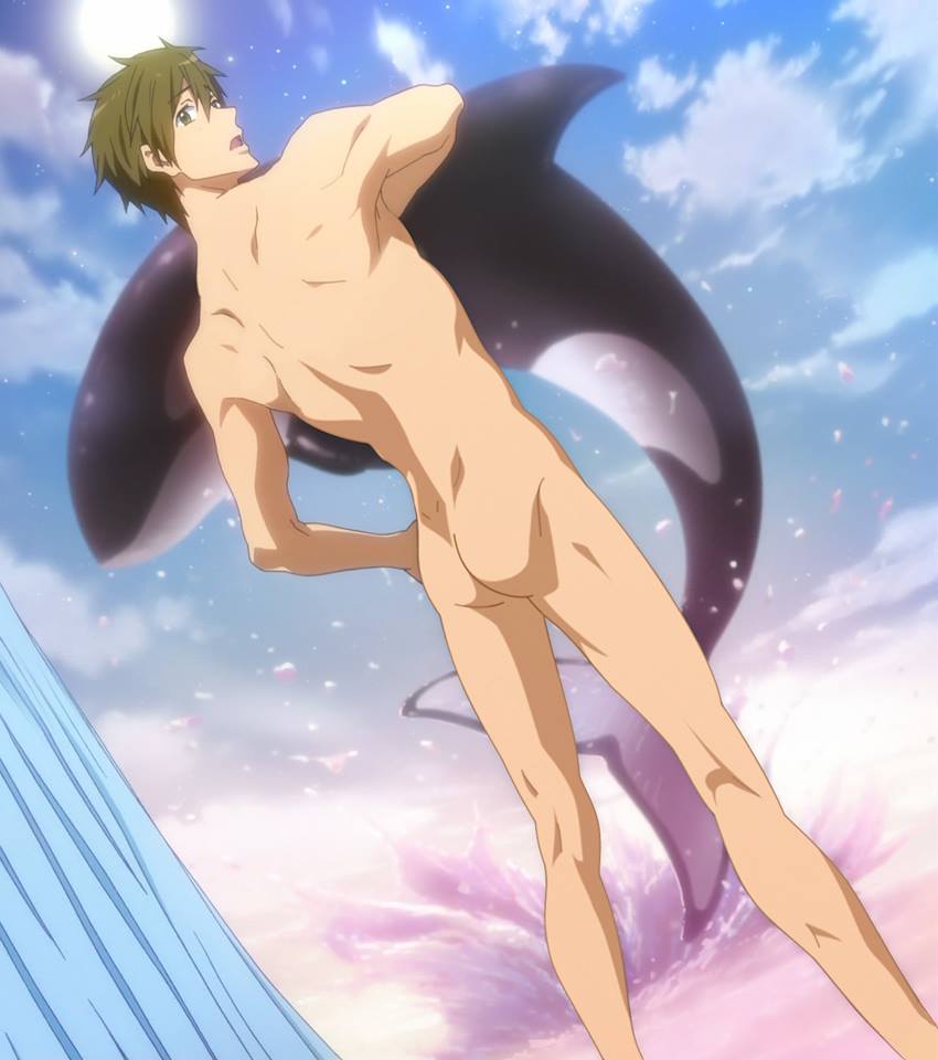 1boy ass cetacean color day free! green_eyes green_hair hair human interspecies makoto_tachibana male male_only nude orca outdoors screencap short_hair standing swim_club swimsuit