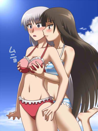 2girls arashiyama_sayoko arm arms artist_request bikini black_hair blue_eyes blush breast_grab breasts cloud female from_behind hime_cut kaja_bergmann leg_lift leg_up legs long_hair midriff multiple_girls natsu_no_arashi! naughty_face navel red_eyes shy sky smile sun surprised swimsuit white_hair yuri