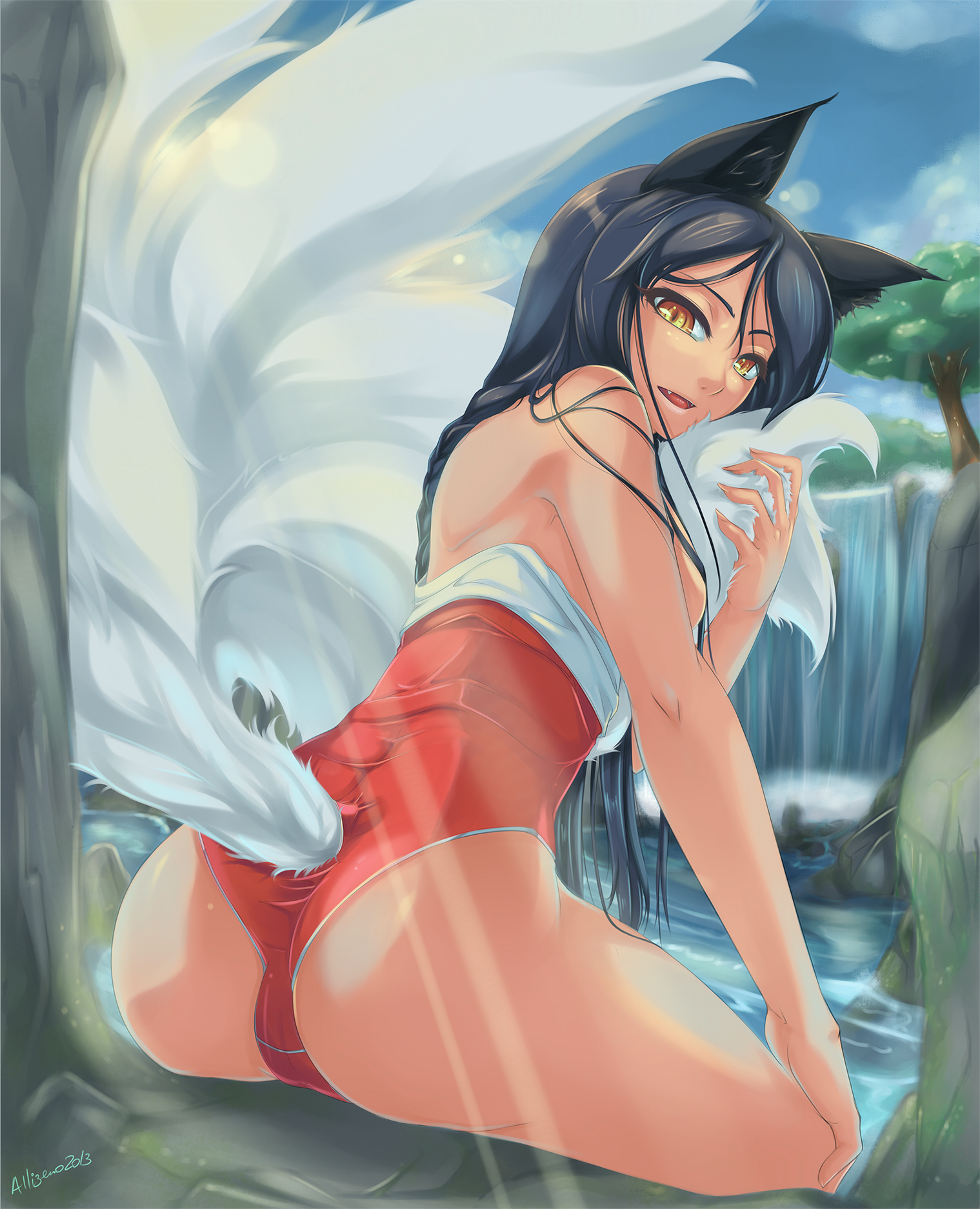 2013, ahri, animal ears, bare shoulders, black hair, breasts, fangs, female, fox ears, hand on knee, league of legends, long hair, looking at viewer, looking back, lunaismaiwaifu, multi tail, outdoors, sideboob, smile, solo, swimsuit, tail, water, waterfall, yellow eyes