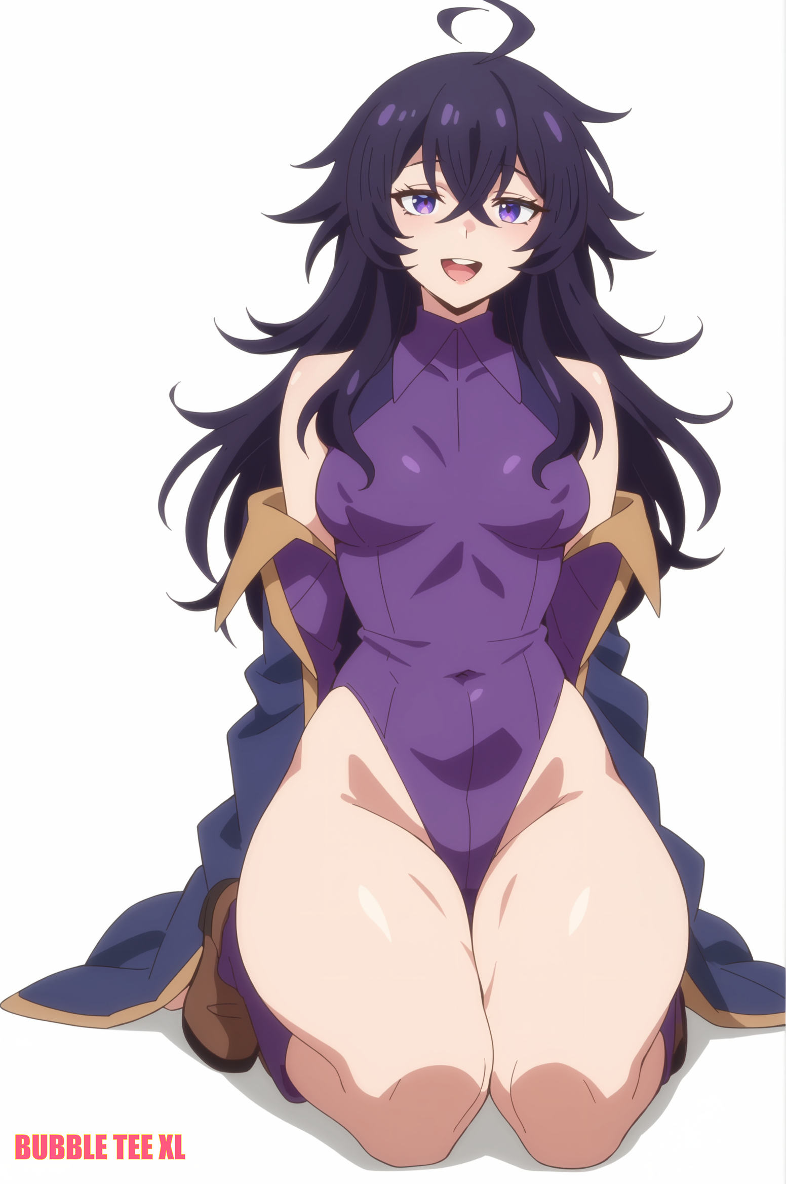 :d, 1girls, ahoge, ai assisted, ai generated, belano, breasts, bubbleteexl, commentary request, english commentary, female, female only, happy, happy female, hi res, highres, light skin, light-skinned female, long hair, long-haired female, looking at viewer, lv2 kara cheat datta motoyuusha kouho no mattari isekai life, medium breasts, simple background, smile, smiling at viewer, solo, solo female, thick thighs, thighs, very high resolution, wariza, white background