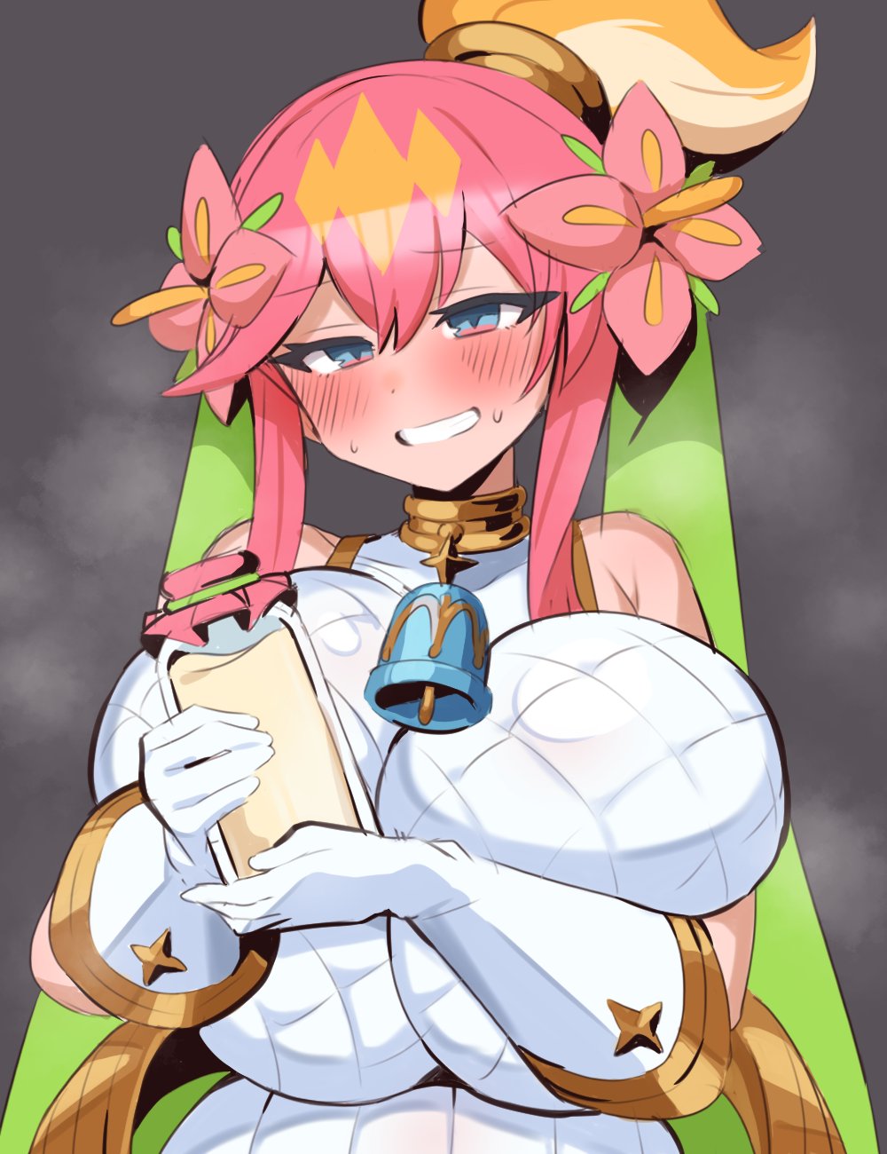 blush duel_masters fully_clothed gigantic_breasts gijinka holding_bottle lactation looking_down milk milk_bottle naughty_smile personification rafululu_love,_acoustic_dragon_elemental squished_breasts steaming_body upper_body worried