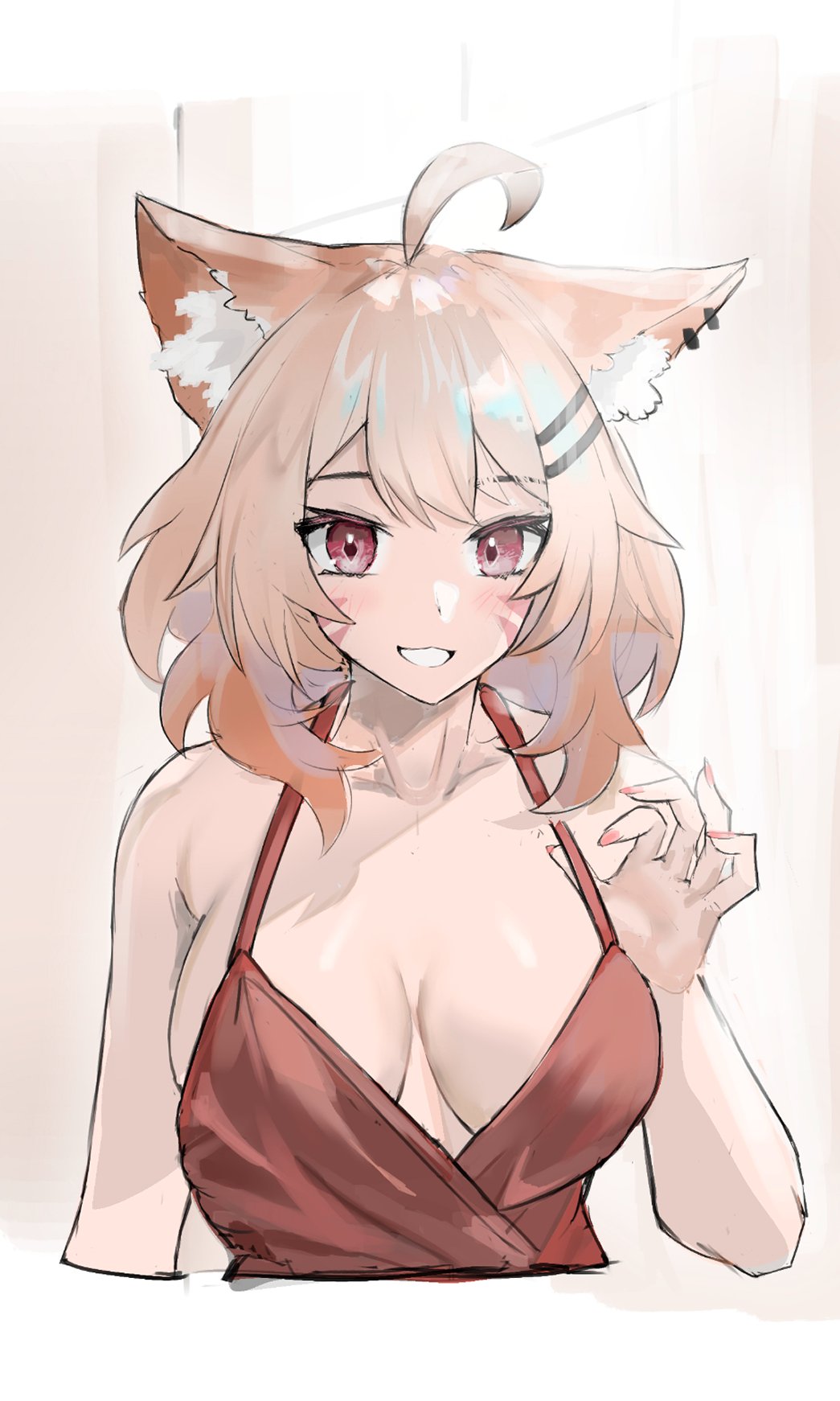 1girl 1girls ahoge animal_ear_fluff animal_ears bangs bare_shoulders blonde_hair blush breasts camisole cat_ears catgirl claw_pose cleavage collarbone cropped_torso dress eyebrows_visible_through_hair face_markings female female_only fox_ears grin hair_between_eyes hair_ornament hairclip hand_up jewelry large_breasts long_hair looking_at_viewer medium_breasts nail_polish red_dress red_eyes sleeveless sleeveless_dress smile solo squchan_(vtuber) striped upper_body virtual_youtuber vyugen