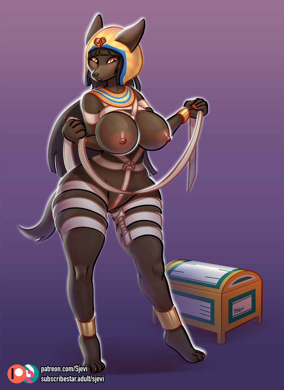 2024 anthro bandage bondage bound breasts brown_body brown_fur brown_hair canid canine canis female fur hair hi_res jackal mammal simple_background sjevi solo thick_thighs wide_hips