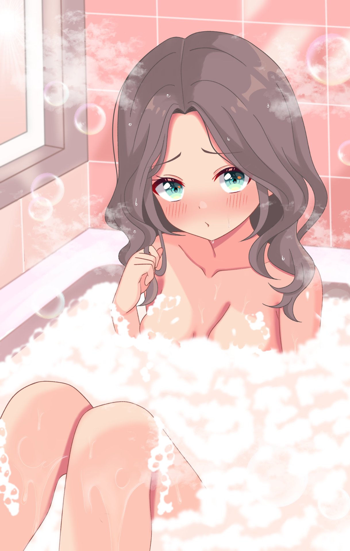 alternate_hairstyle bathing bathtub bubbles dot_mouth hair_down hand_on_hair hololive hololive_gen_1 hololive_japan medium_breasts mitsuboshi_nuko natsuiro_matsuri virtual_youtuber wavy_hair