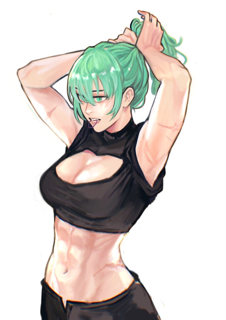 1girls abs alternate_costume alternate_hairstyle armpits black_shirt breasts byleth_(female)_(fire_emblem) byleth_(fire_emblem) cleavage_cutout clothing_cutout crop_top enlightened_byleth_(female) female female female_only fire_emblem fire_emblem:_three_houses green_eyes green_hair grey_background hair_tie hair_tie_in_mouth large_breasts midriff mouth_hold muscular muscular_female navel nintendo ponytail scar scar_on_hip sethkiel shirt simple_background solo stomach tying_hair