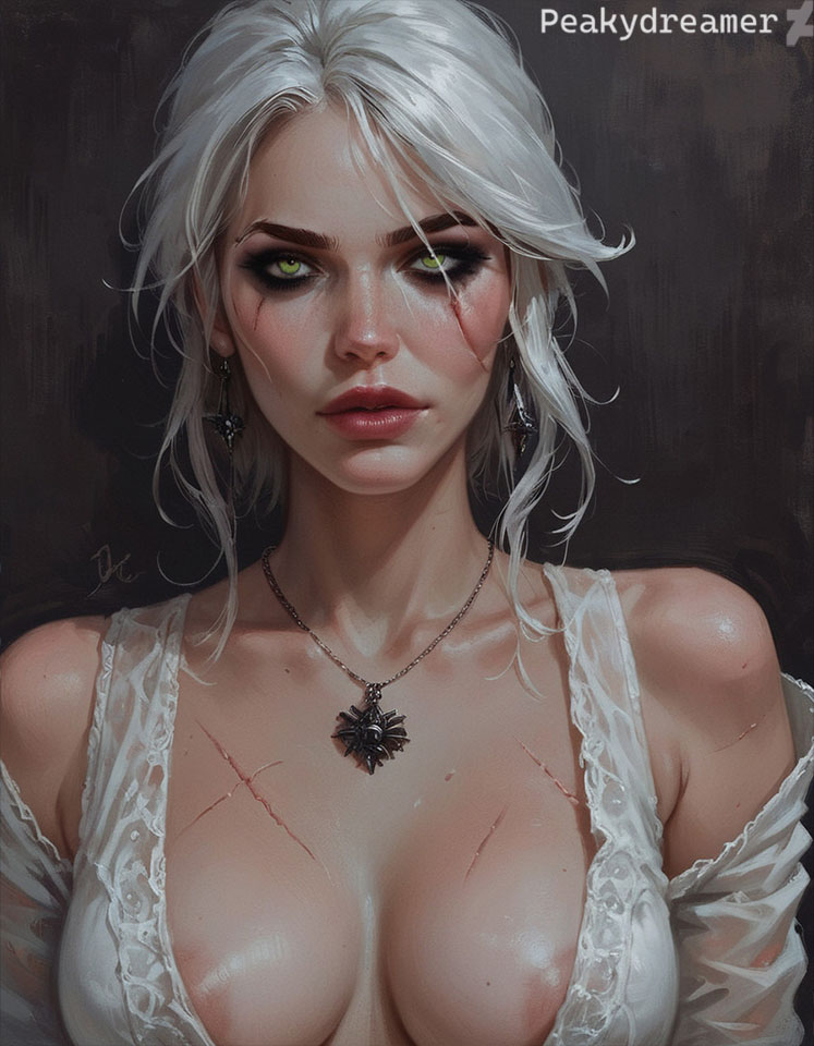 ai_generated breasts ciri collar female green_eyes light-skinned_female looking_at_viewer mascara nipples peakydreamer scar solo the_witcher_(series) the_witcher_3:_wild_hunt white_hair