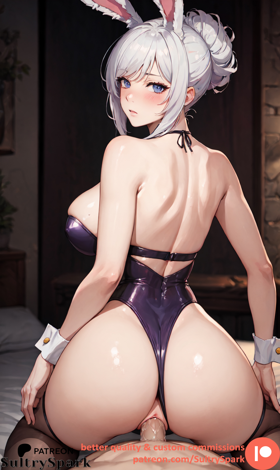 1boy 1girls ai_generated artist_name ass battle_bunny_riven battle_bunny_series blush breasts bunny_ears bunny_girl commission cosplay cowgirl_position female from_behind large_breasts league_of_legends league_of_legends:_wild_rift looking_at_viewer male patreon penis pussy pussy_juice riot_games riven sex_scene sultryspark vaginal_penetration vaginal_sex white_hair