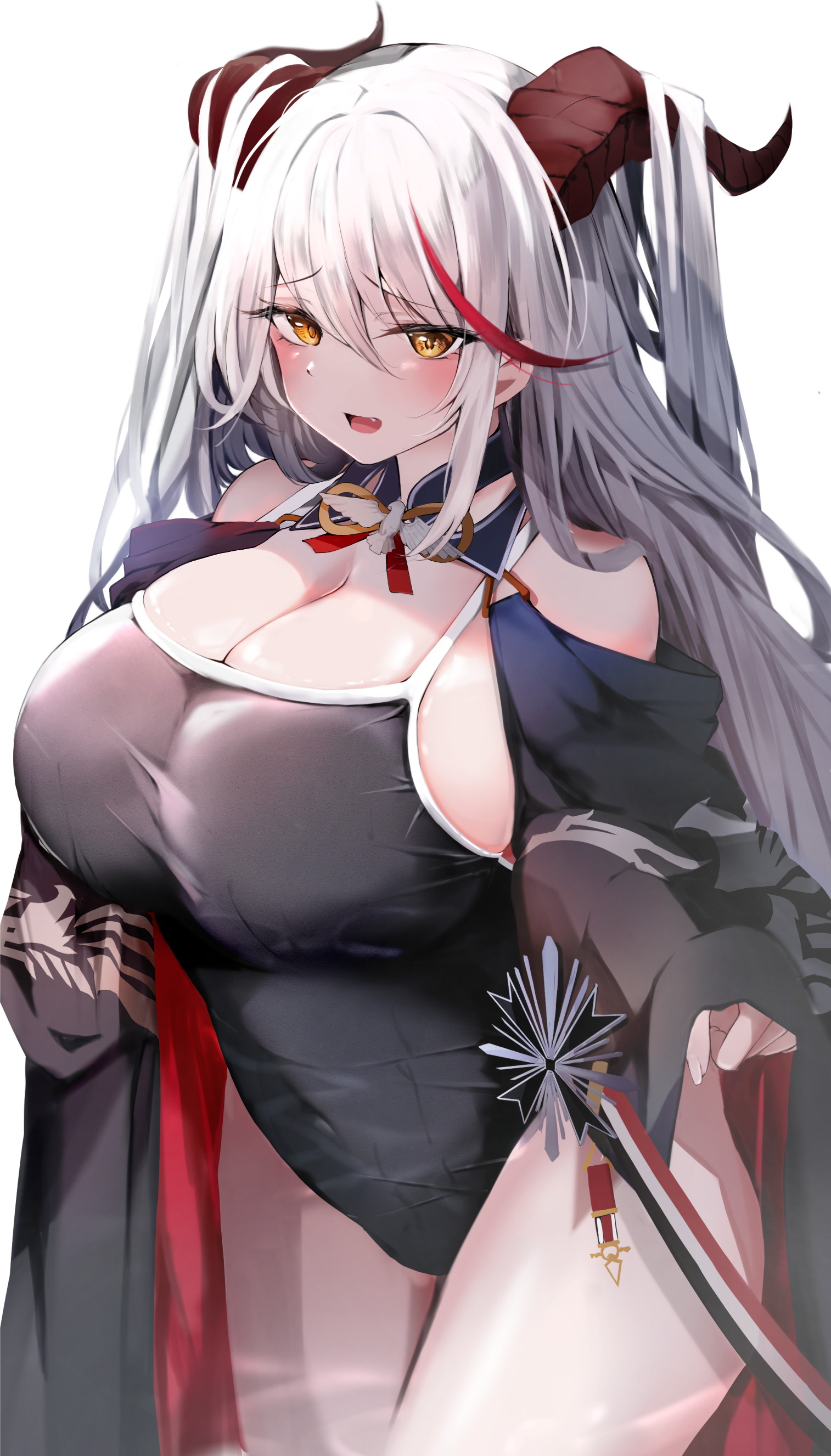 1girls, absurdres, aegir (azur lane), azur lane, black horns, black jacket, blue one-piece swimsuit, blush, breasts, cleavage, cute fang, female, highres, horns, huge breasts, iron blood (azur lane), jacket, light skin, light-skinned female, long hair, looking at viewer, one-piece swimsuit, open clothes, open jacket, open mouth, raru (nanaharararu), red hair, simple background, smile, solo, swimsuit, white background, white hair