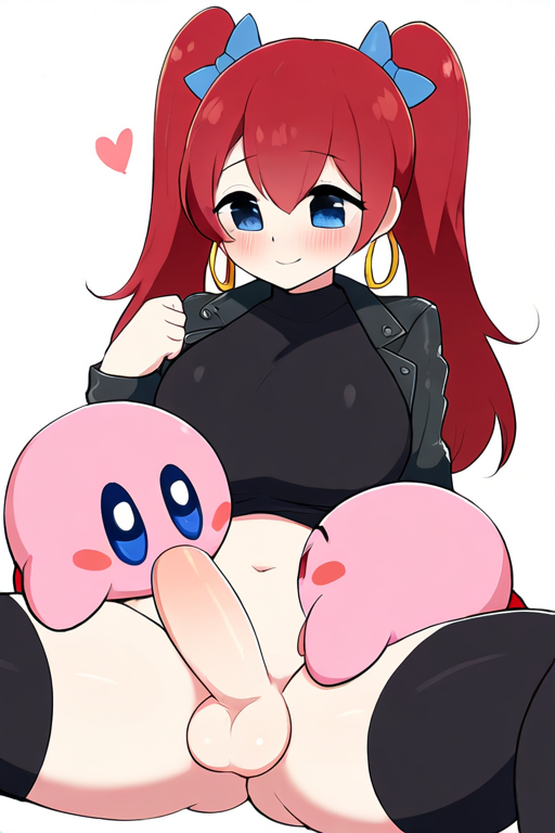 ai_generated blowjob blue_eyes blue_hair_ribbon chopped_bangs futa_on_male futanari goth_girl goth_mommy hairbow heart_symbol intersex izzyredlove_(oc) kirby kirby_(series) large_breasts leather_jacket tagme