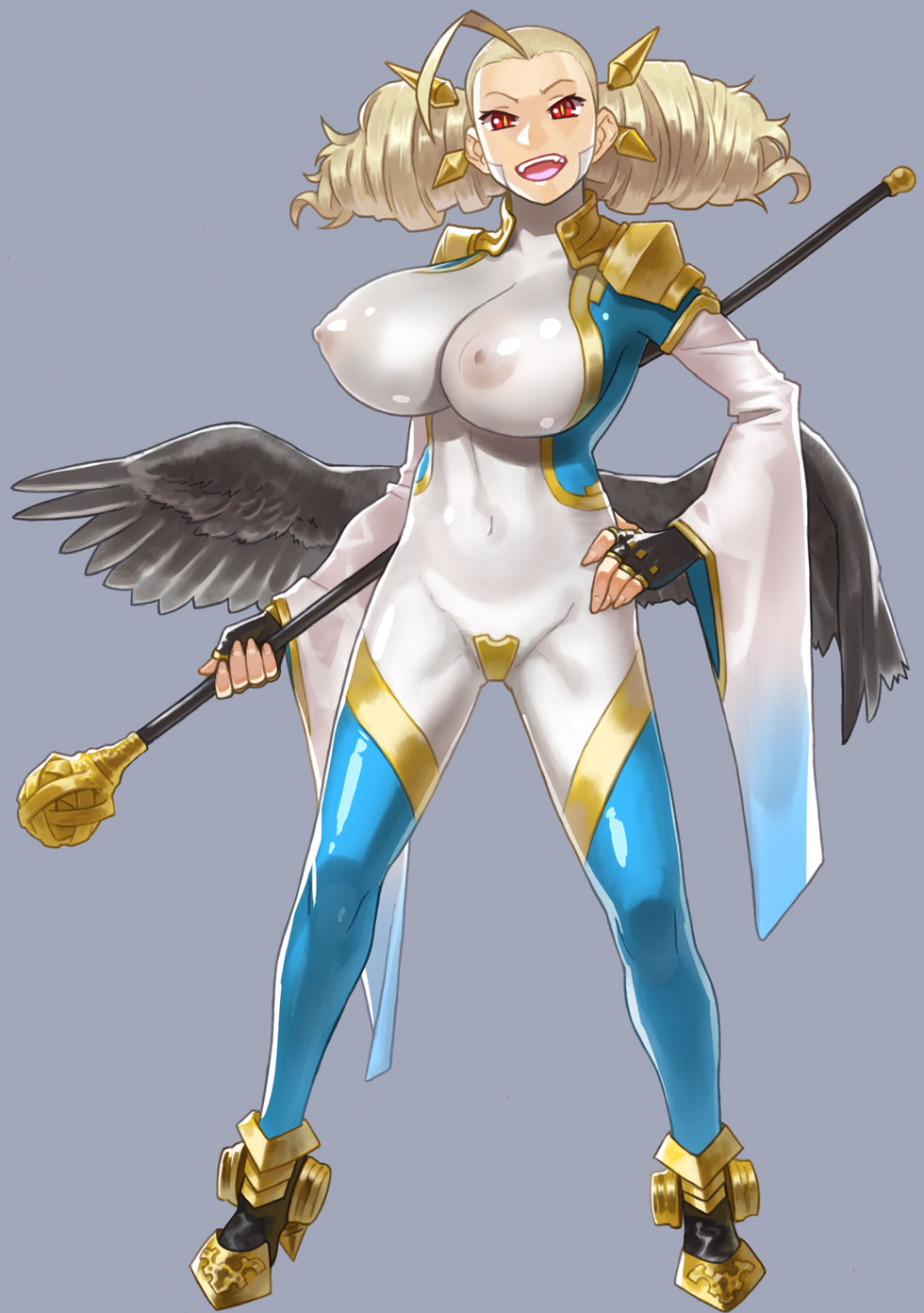 angel big_breasts blonde_female blonde_hair blue_suit crotch_plate drill_hair gold_trim hair_ornament large_breasts long_sleeves mmmikedaya narisokonai_(mmmikedaya) nipple_bulge nipples nipples_visible_through_clothing oc original_character pale-skinned_female pale_skin red_eyes shoulder_pads skintight_bodysuit staff twintails waist_wings